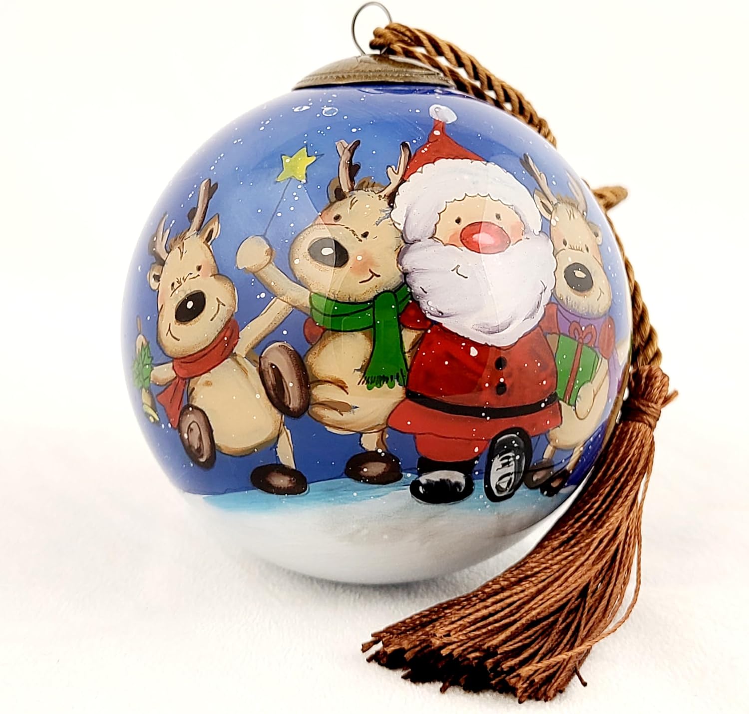 Santa Reindeer Inside-Painted Glass Ornament