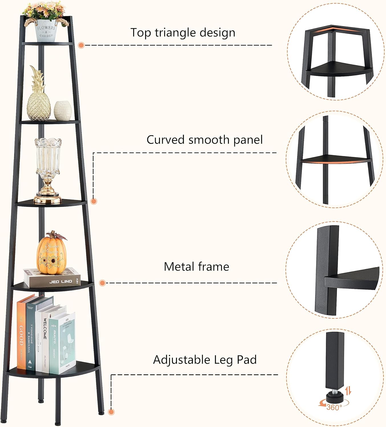 Hoctieon 5-Tier Corner Bookshelf Black Metal Frame