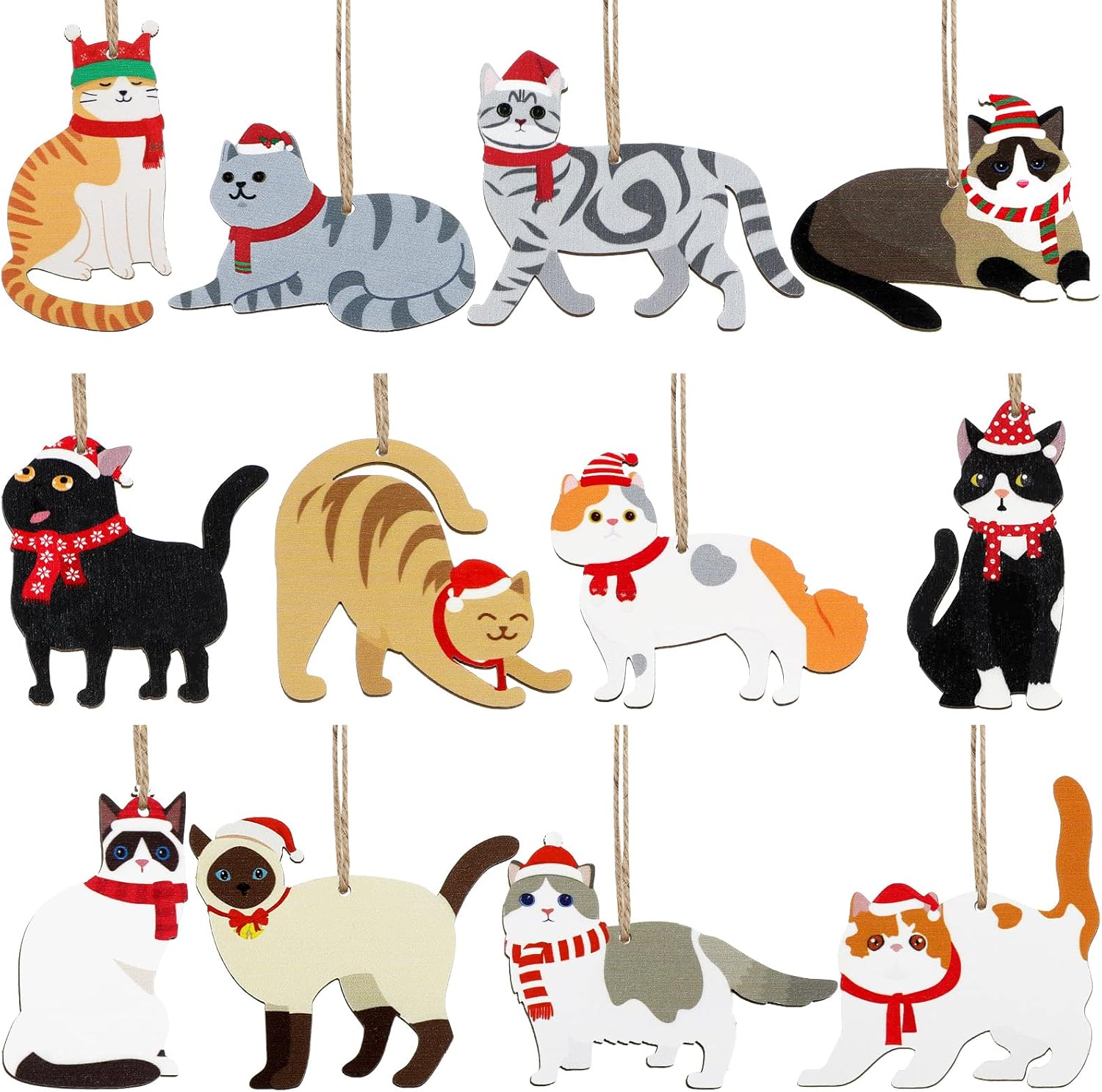 Amyhill 24 Pcs Wooden Cat Christmas Ornaments