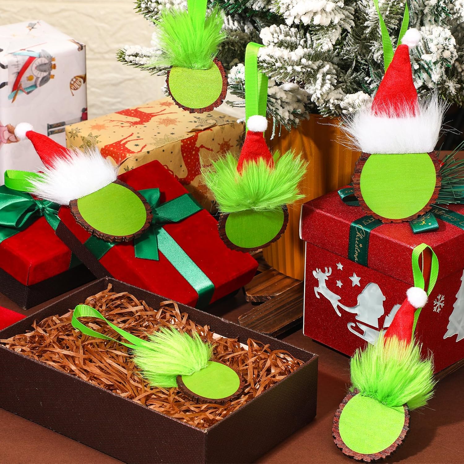 Shellwei 24 Pack Christmas Green Monster Ornaments