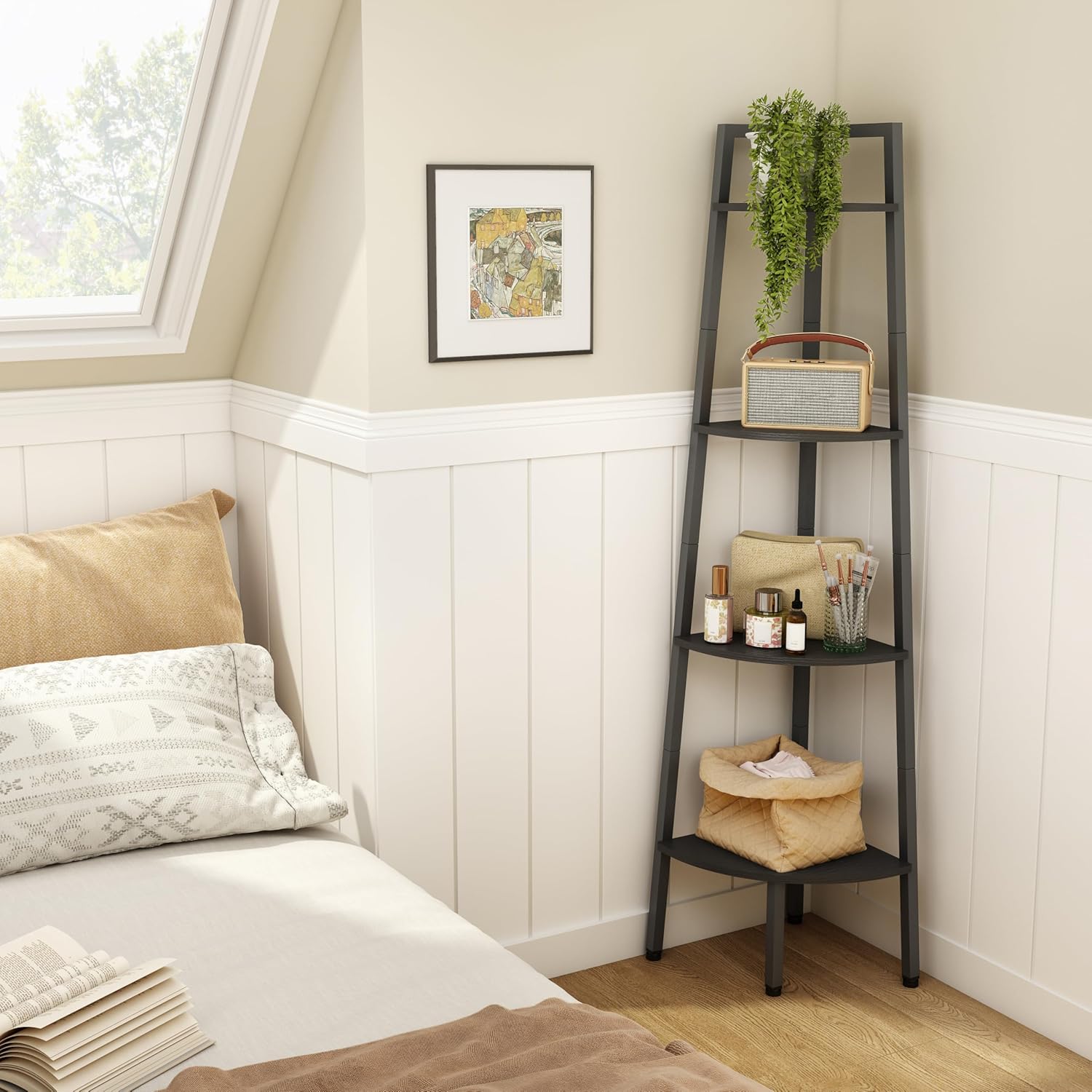 Hoctieon 4-Tier Corner Bookshelf Black Metal Frame