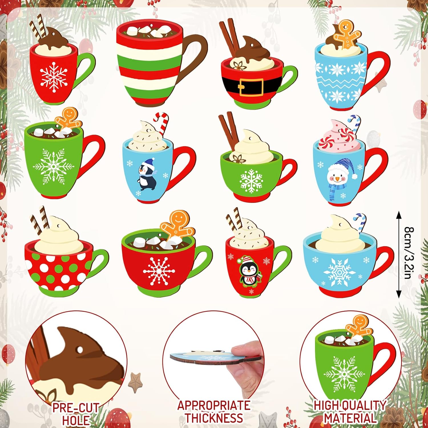 Whaline 24Pcs Winter Wood Hanging Ornaments