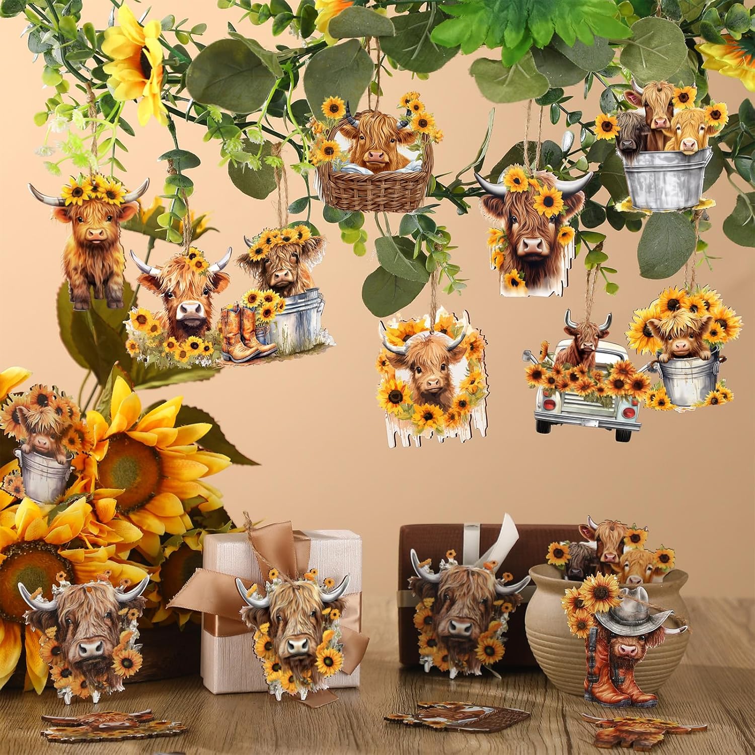 Wenqik 36 Pcs Yellow Highland Cow Hanging Ornament