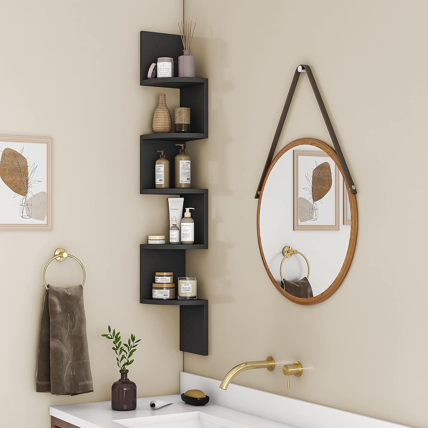 GREENDEW 5-Tier Wall Mount Floating Corner Shelf Black