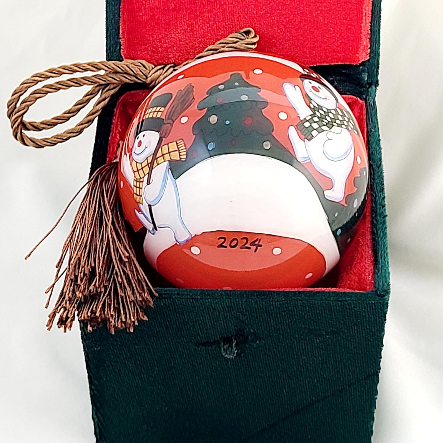 Handmade Red Snowman Glass Ornament with Gift Box