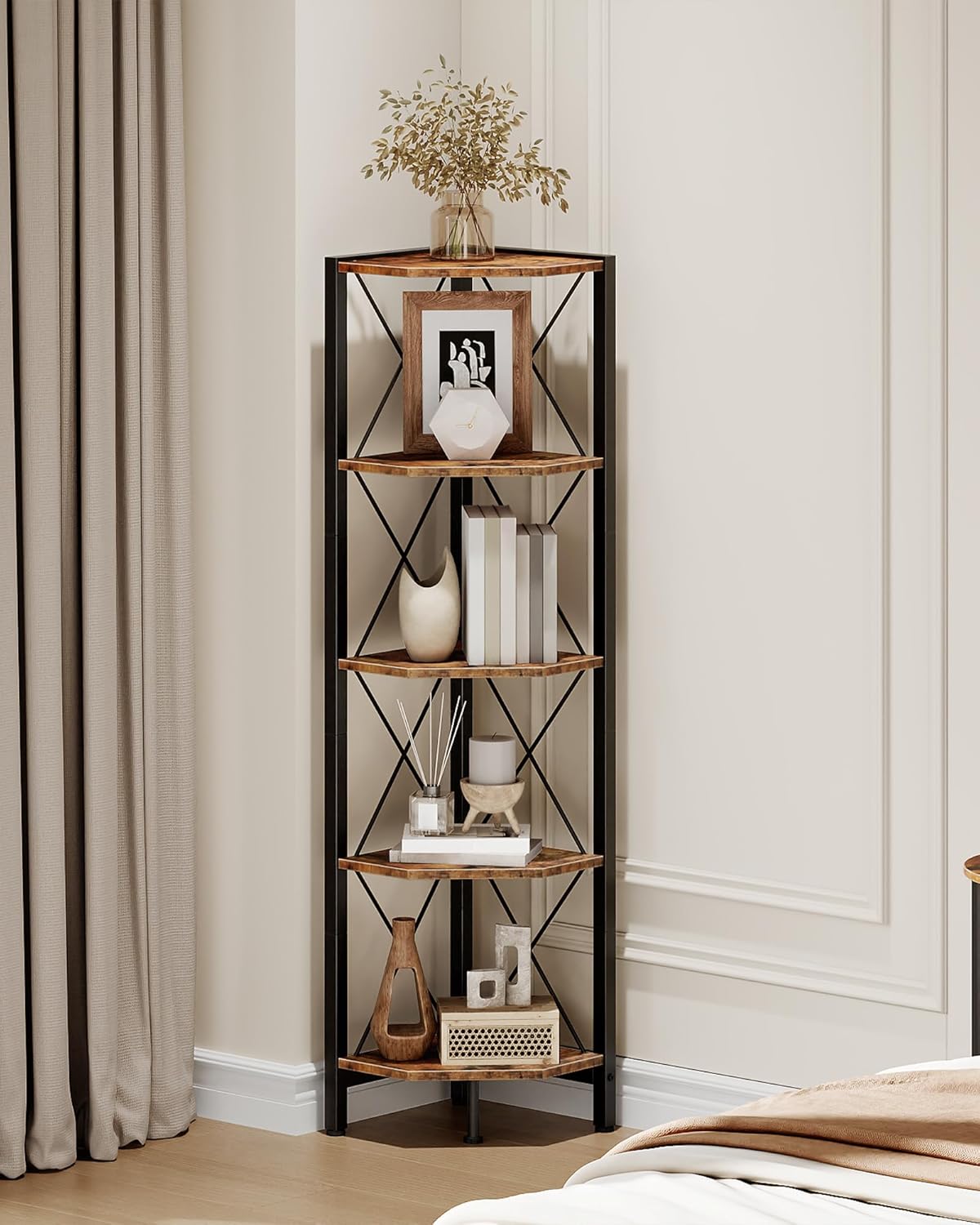 5-Tier Corner Shelf Rustic Brown and Black TCJ12BF