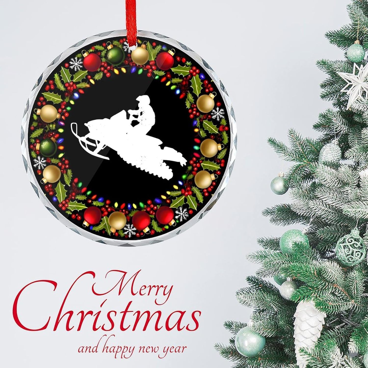 Snowmobile Christmas Glass Pendant 31 Inch