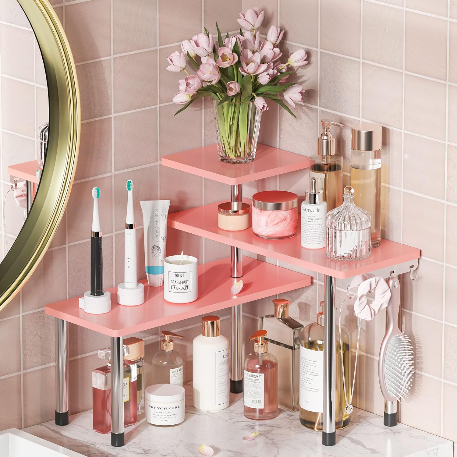 ZHWS 3-Tier Bamboo Corner Shelf Pink