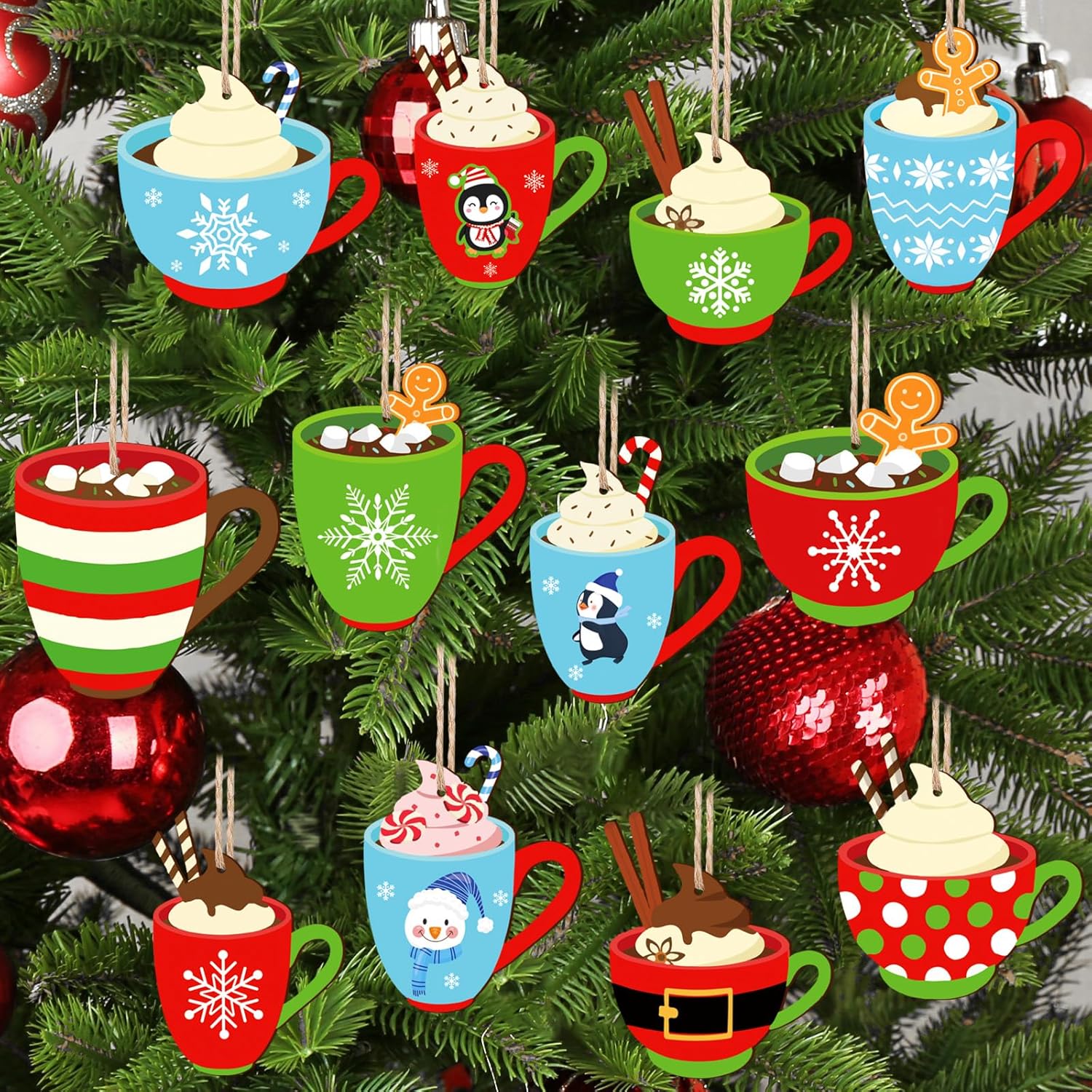Whaline 24Pcs Winter Wood Hanging Ornaments