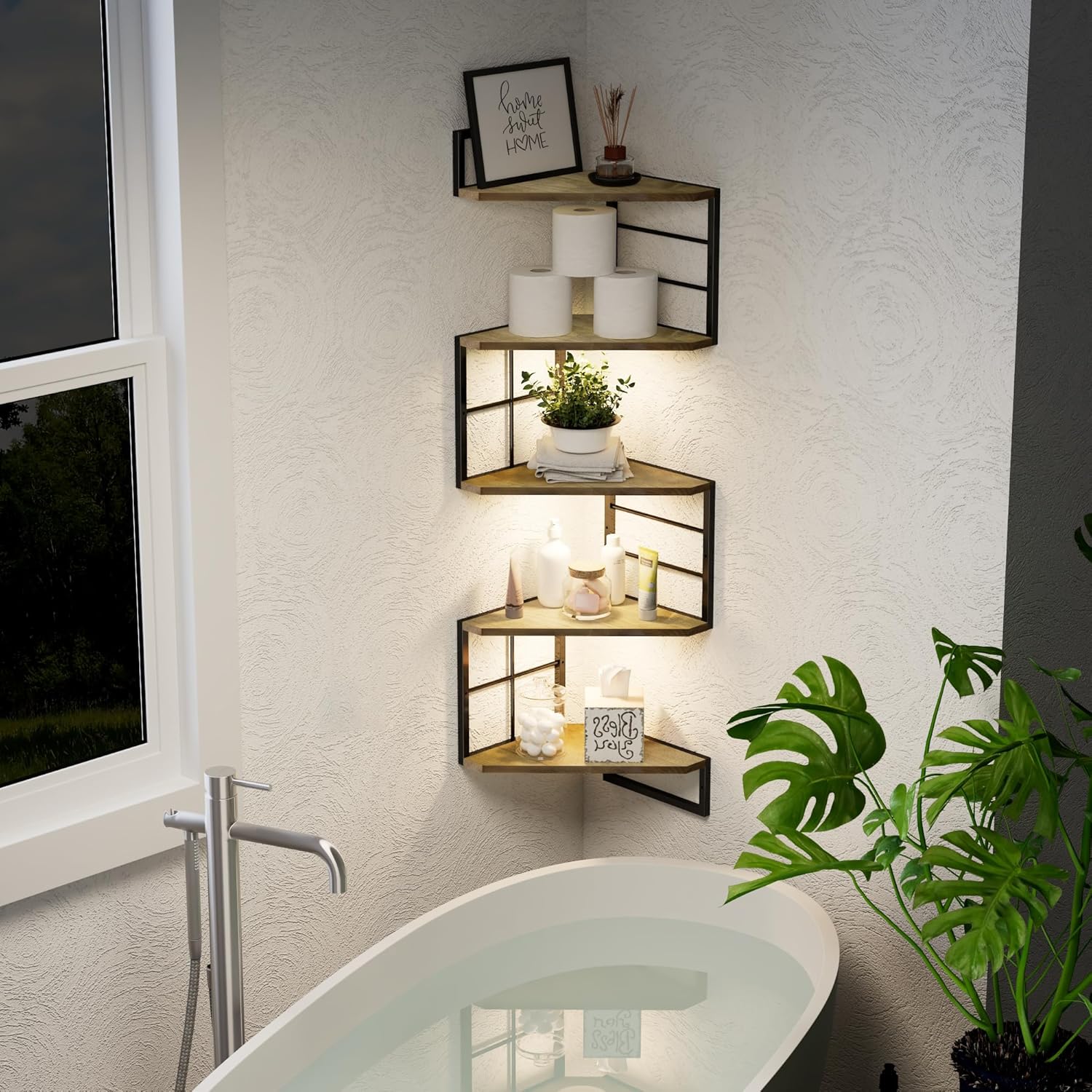 Floating Corner Shelves with Light - 5 Tiers Metal Wall Mount