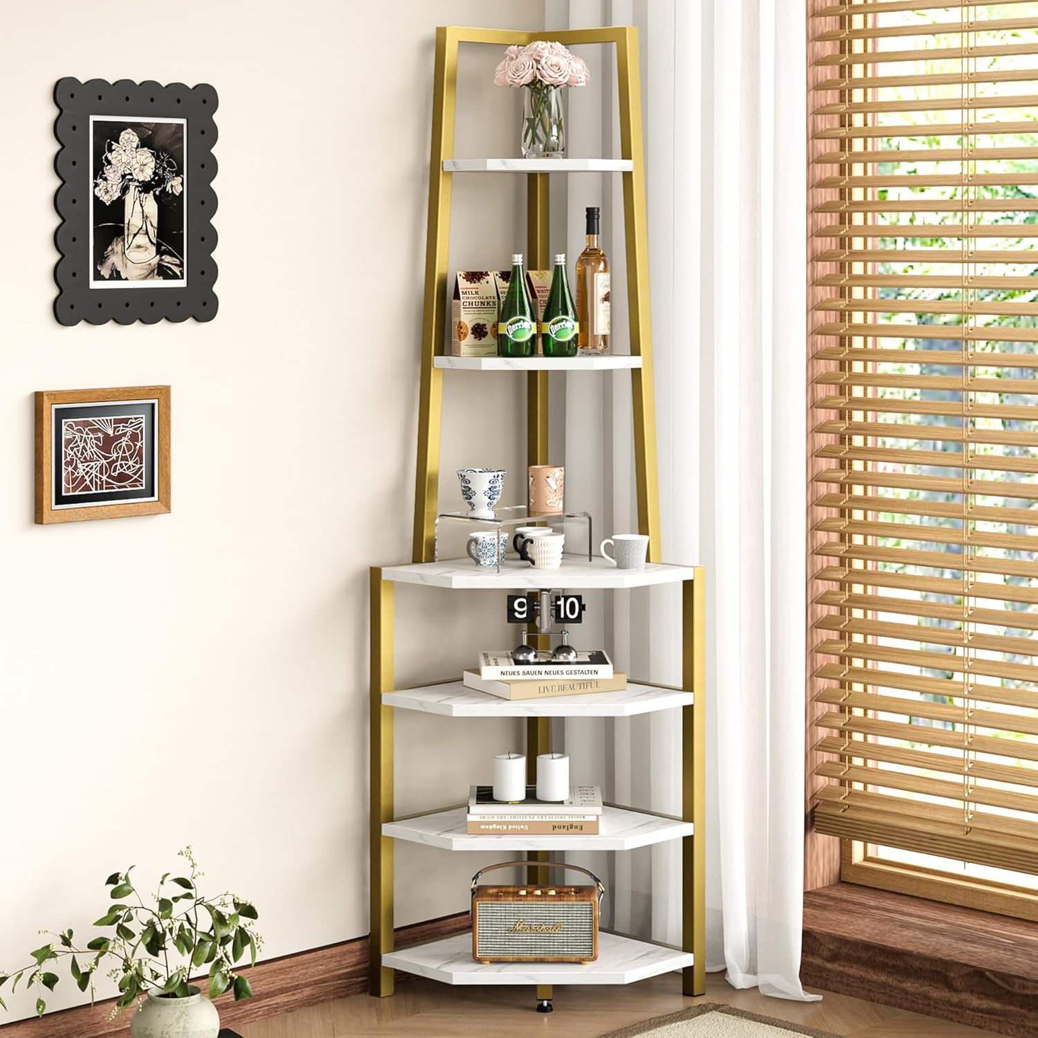 VECELO 6 Tier Corner Shelf with Metal Frame