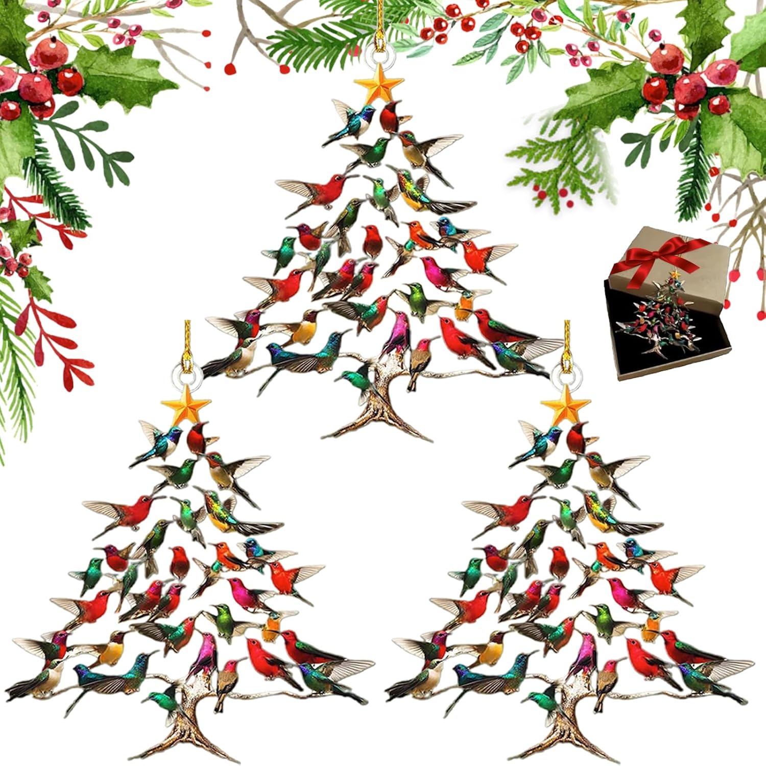 Colorful Stack Hummingbird Christmas Ornament 3Pcs