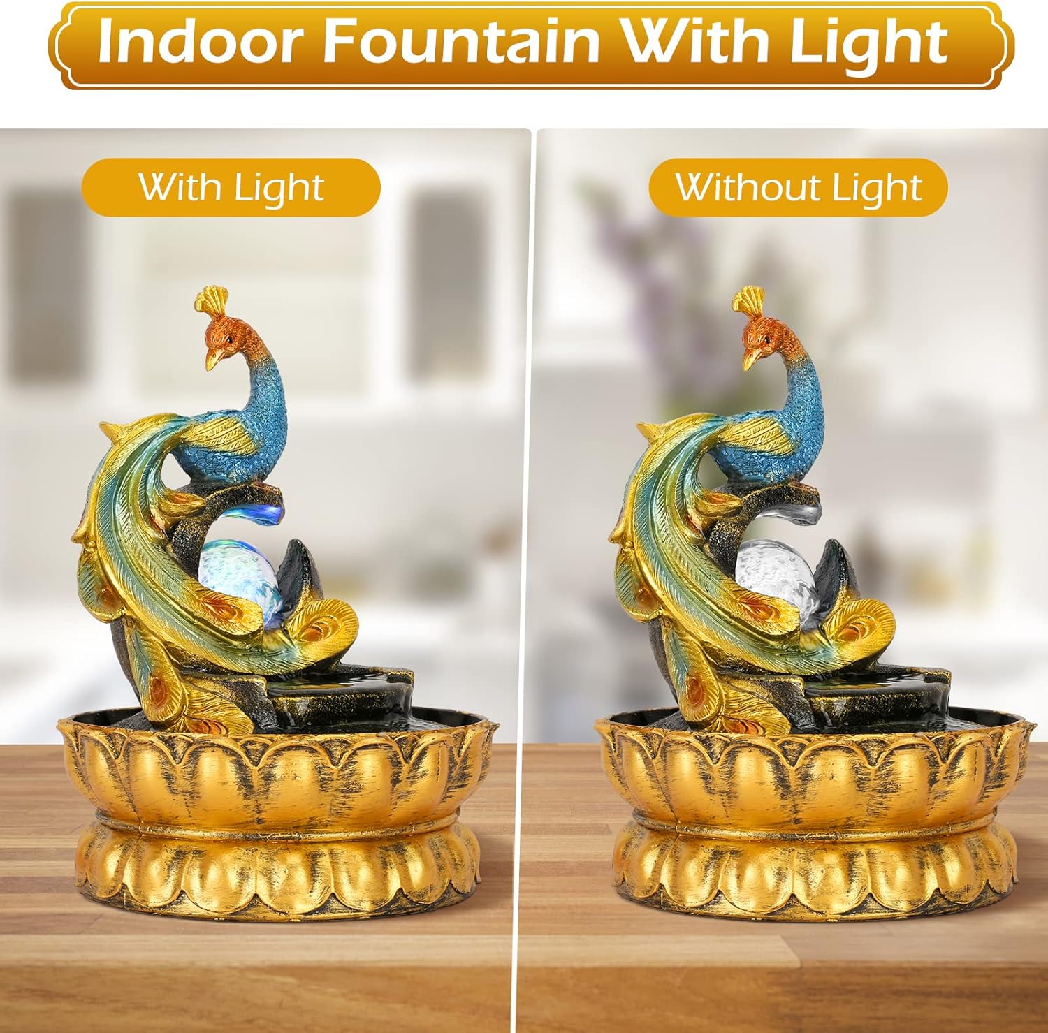 Indoor Fountain with Illuminated Rolling Ball and Peacock Design