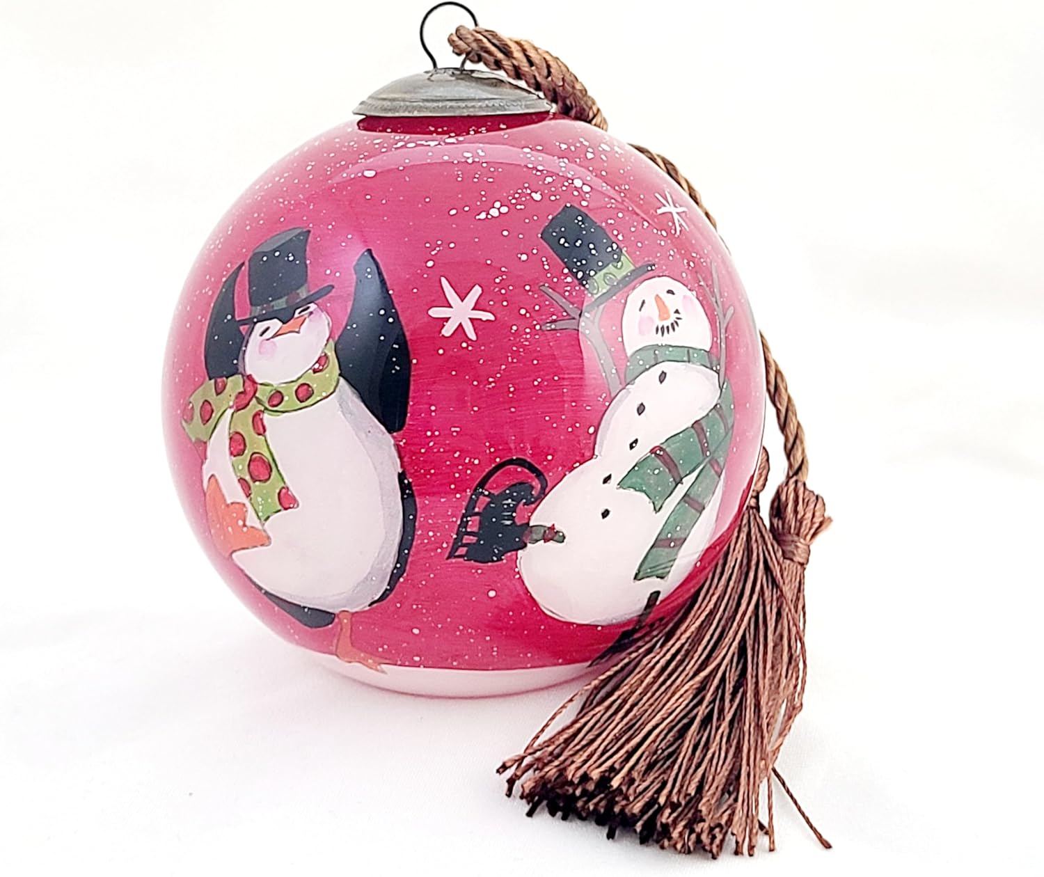 Artisan Painted Glass Ornament - Snowman Penguin Dance