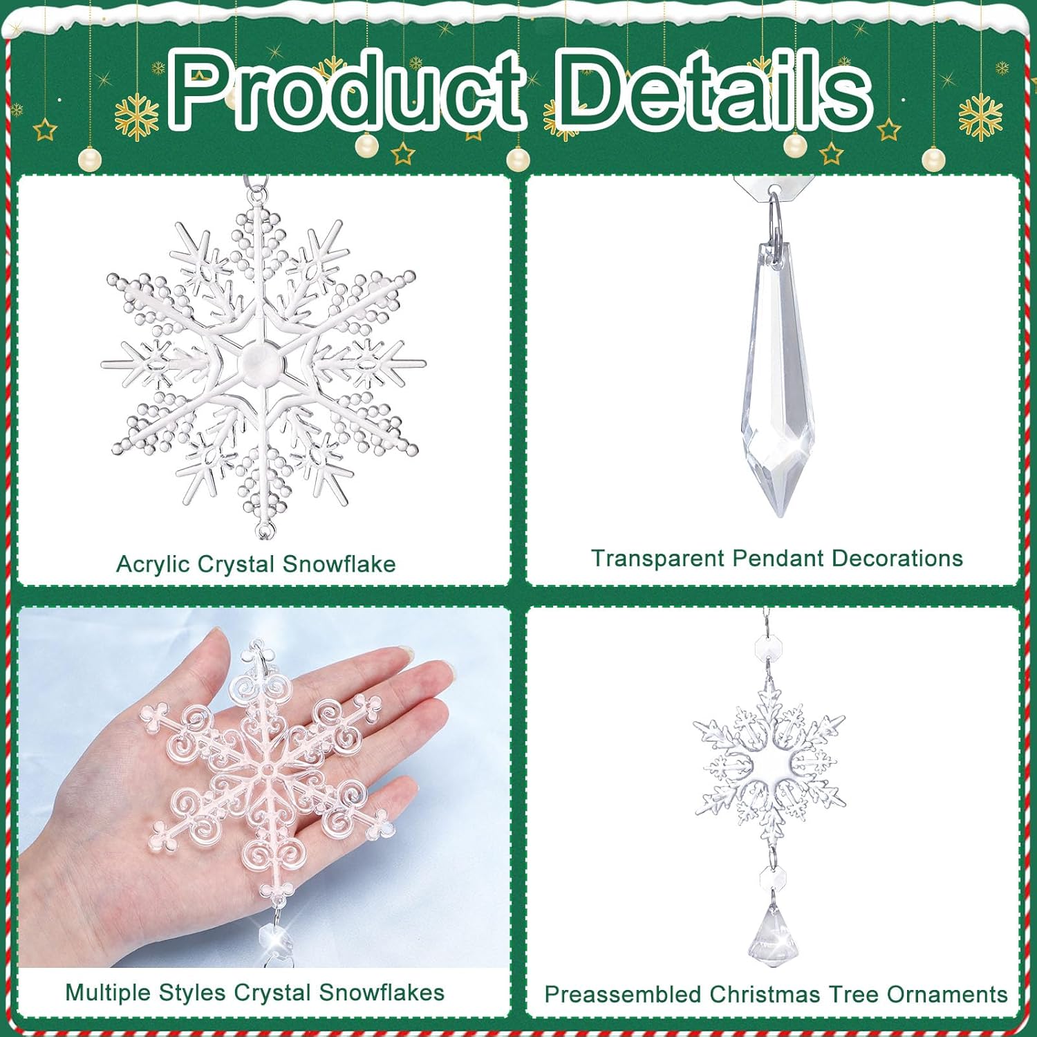 Crystal Snowflake Ornaments Set 16pcs for Christmas Tree