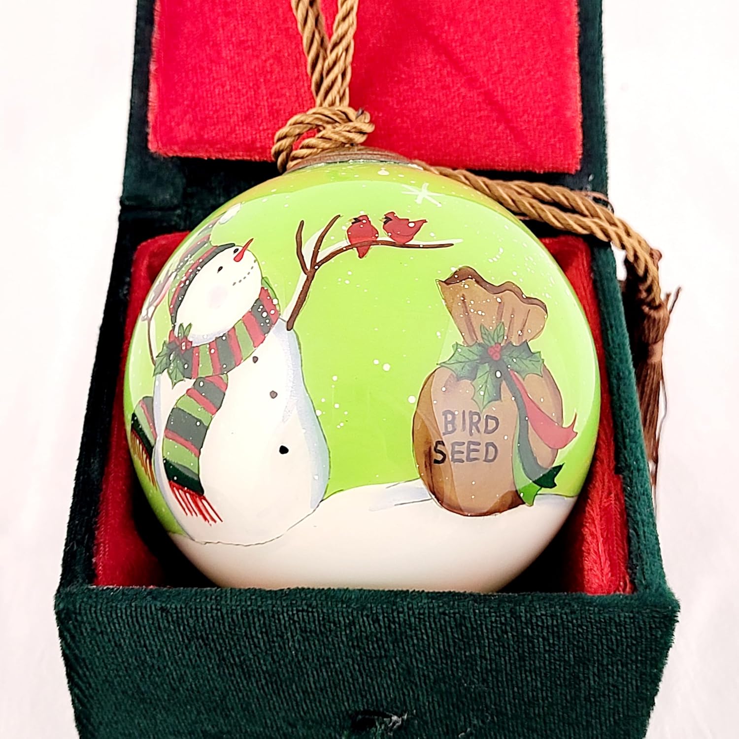 Intricate Inside-Painted Snowman Feeding Birds Glass Ornament