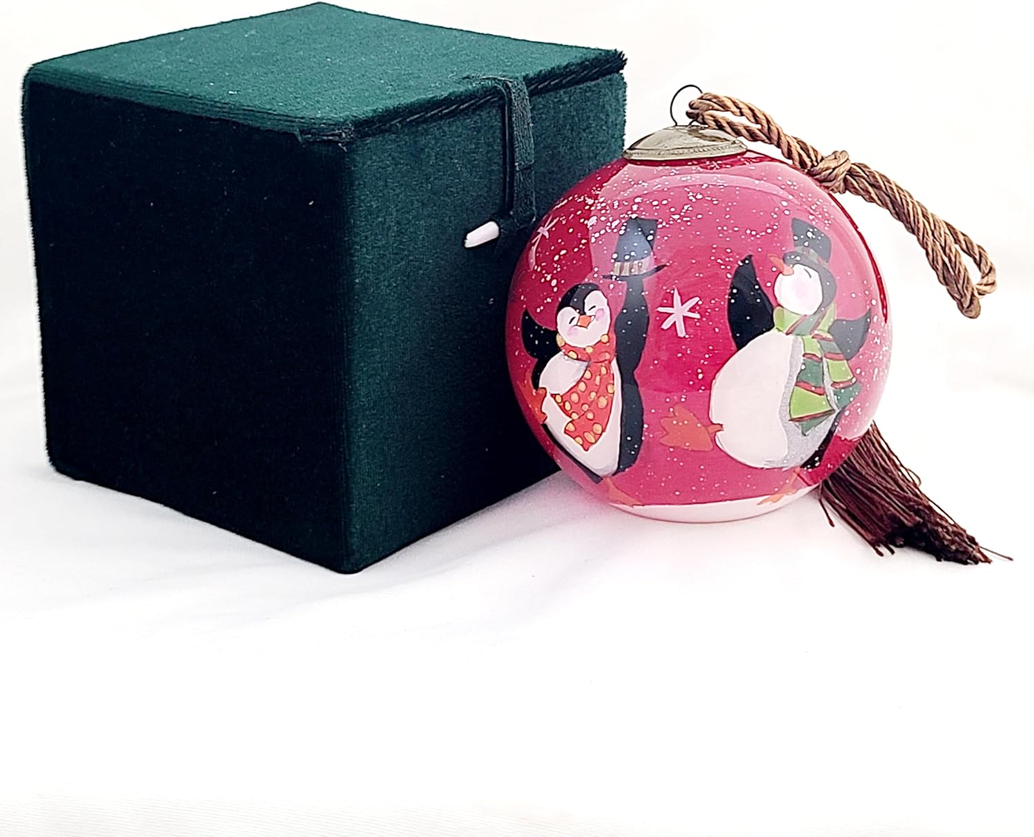 Artisan Painted Glass Ornament - Snowman Penguin Dance