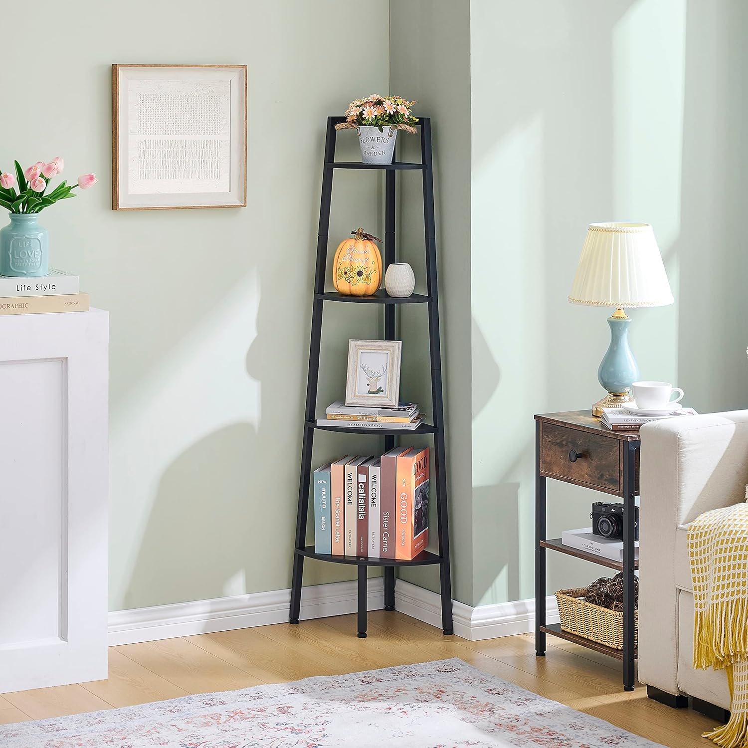 Hoctieon 4-Tier Corner Bookshelf Black Metal Frame