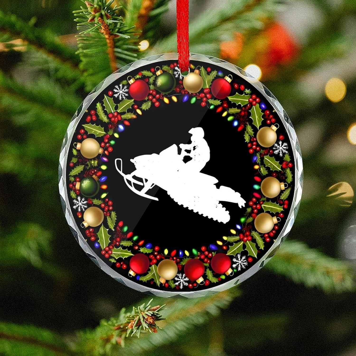 Snowmobile Christmas Glass Pendant 31 Inch