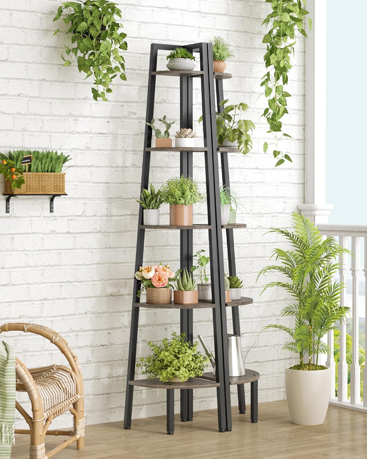Hoctieon 5-Tier Corner Bookshelf Grey Metal Frame