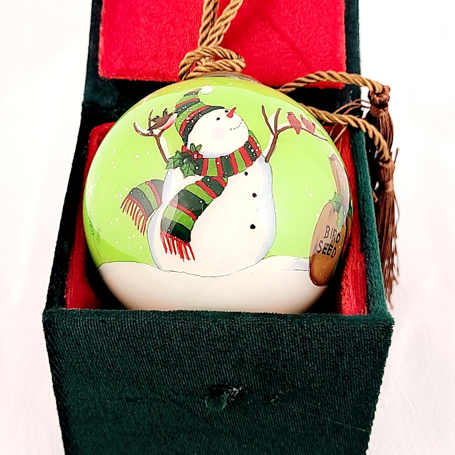 Intricate Inside-Painted Snowman Feeding Birds Glass Ornament