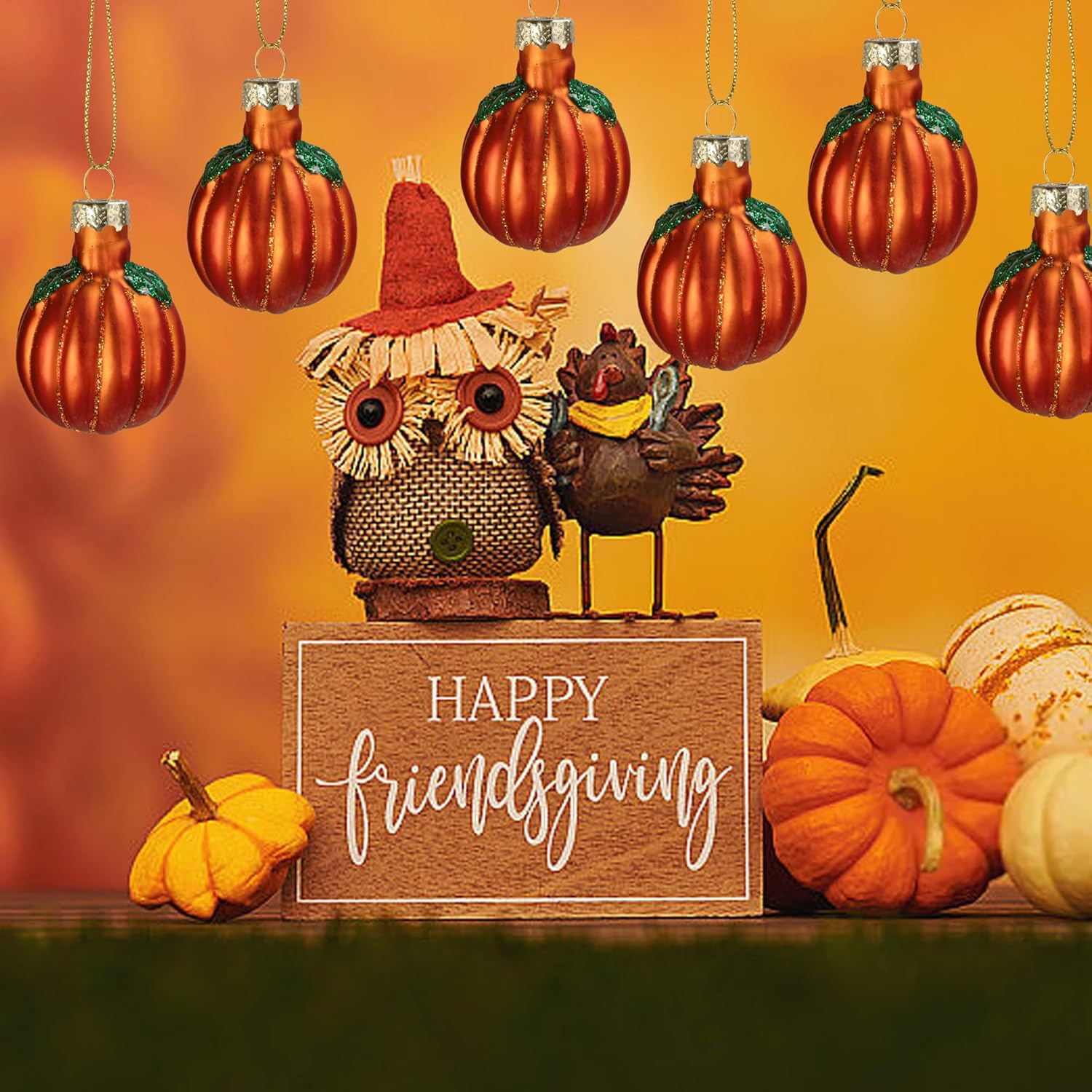 Watayo 6 Pcs Fall Pumpkin Glass Hanging Ornaments