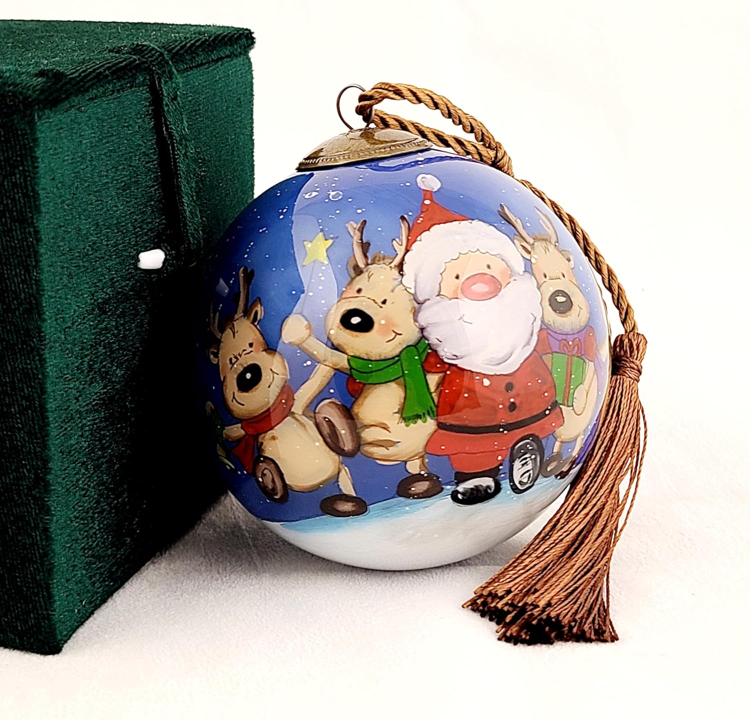 Santa Reindeer Inside-Painted Glass Ornament