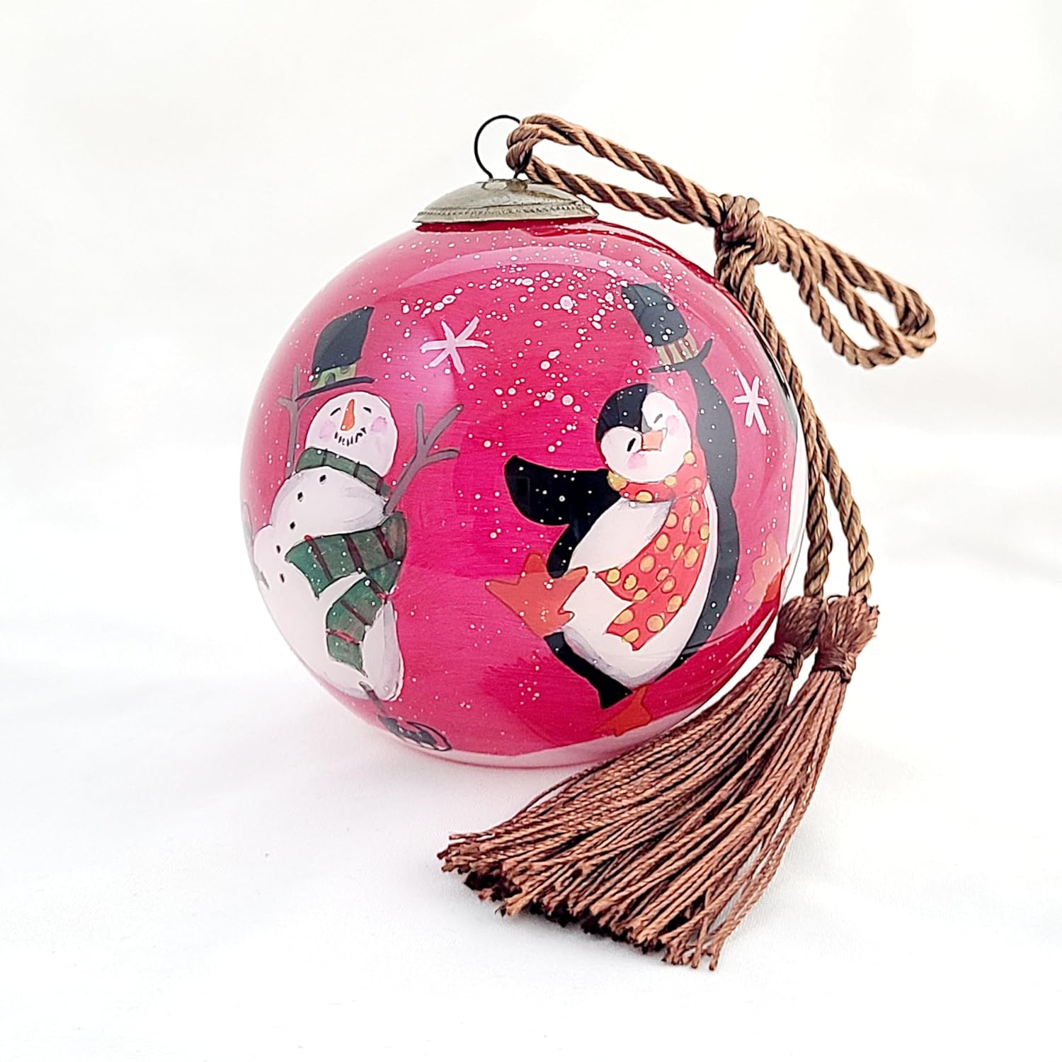 Artisan Painted Glass Ornament - Snowman Penguin Dance