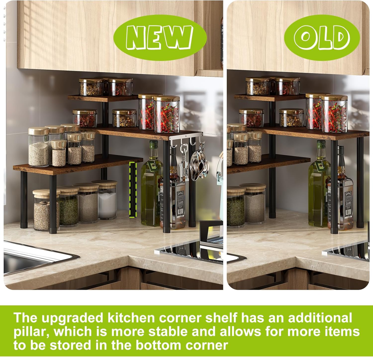 BMOSU Kitchen Corner Shelf with Hooks and Adjustable Spice Rack