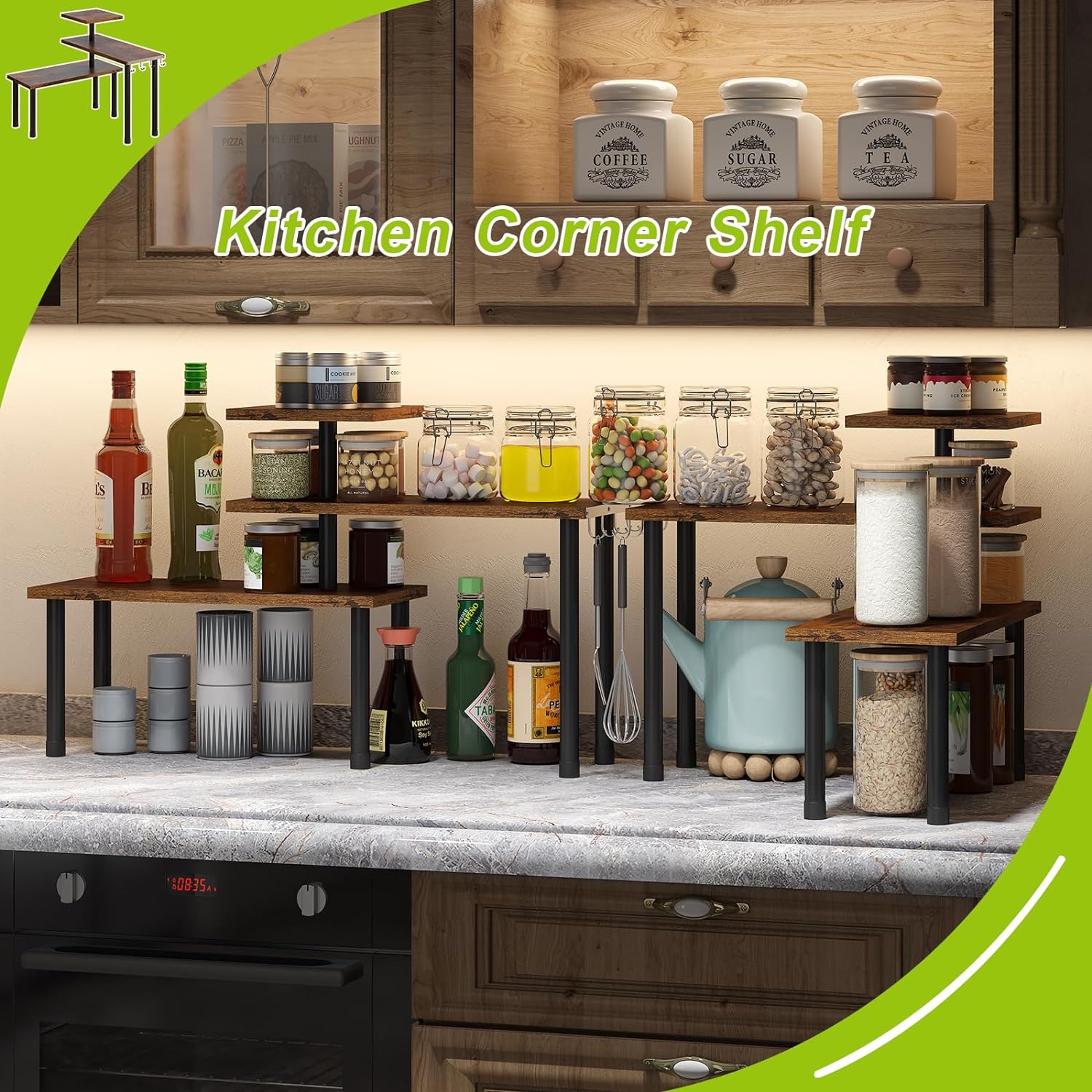 BMOSU Kitchen Corner Shelf with Hooks and Adjustable Spice Rack