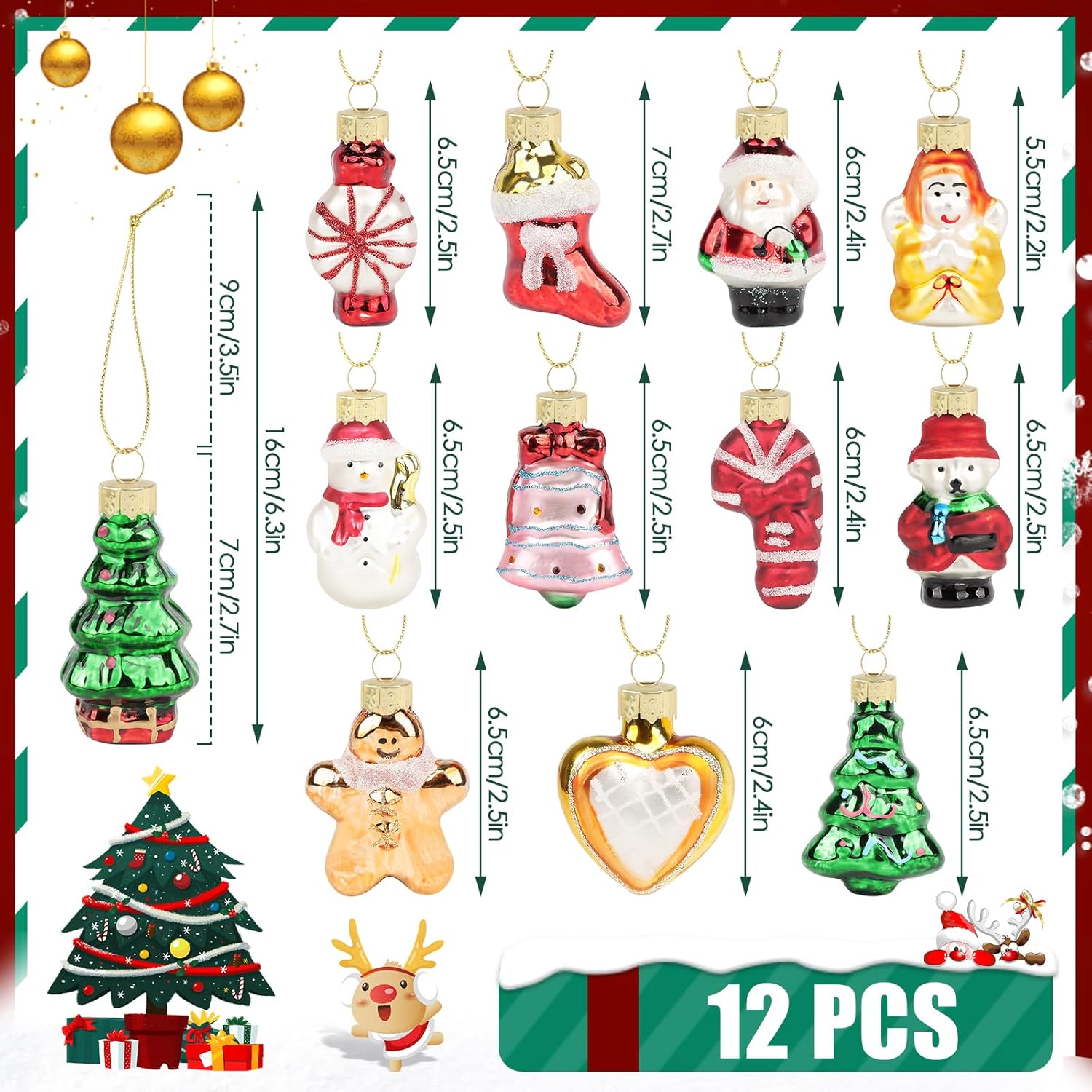 12PCS Glass Christmas Ornaments for Tree and Wreath