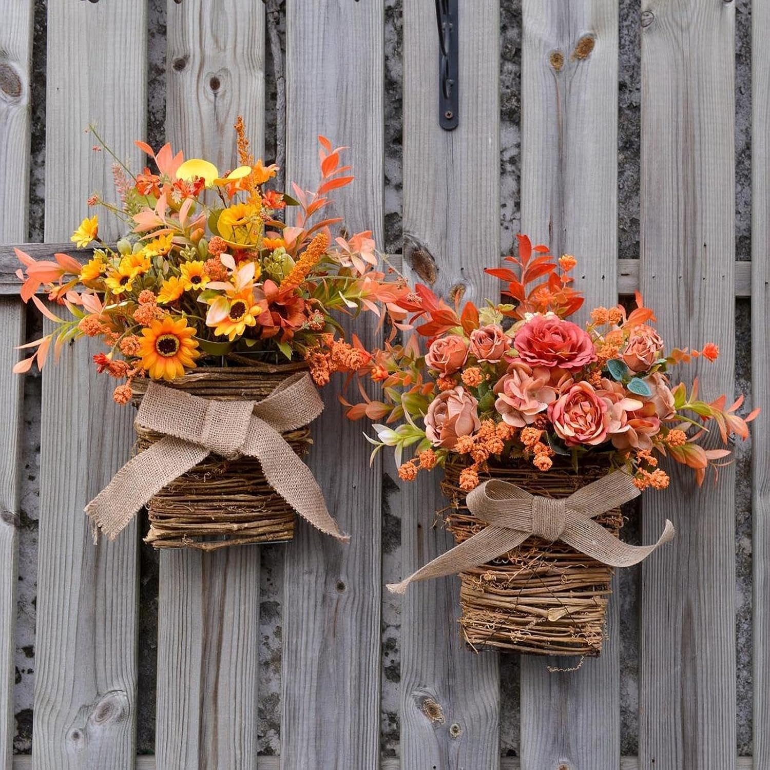 Wooden Wreath Hanger with Silk Flowers for Front Door