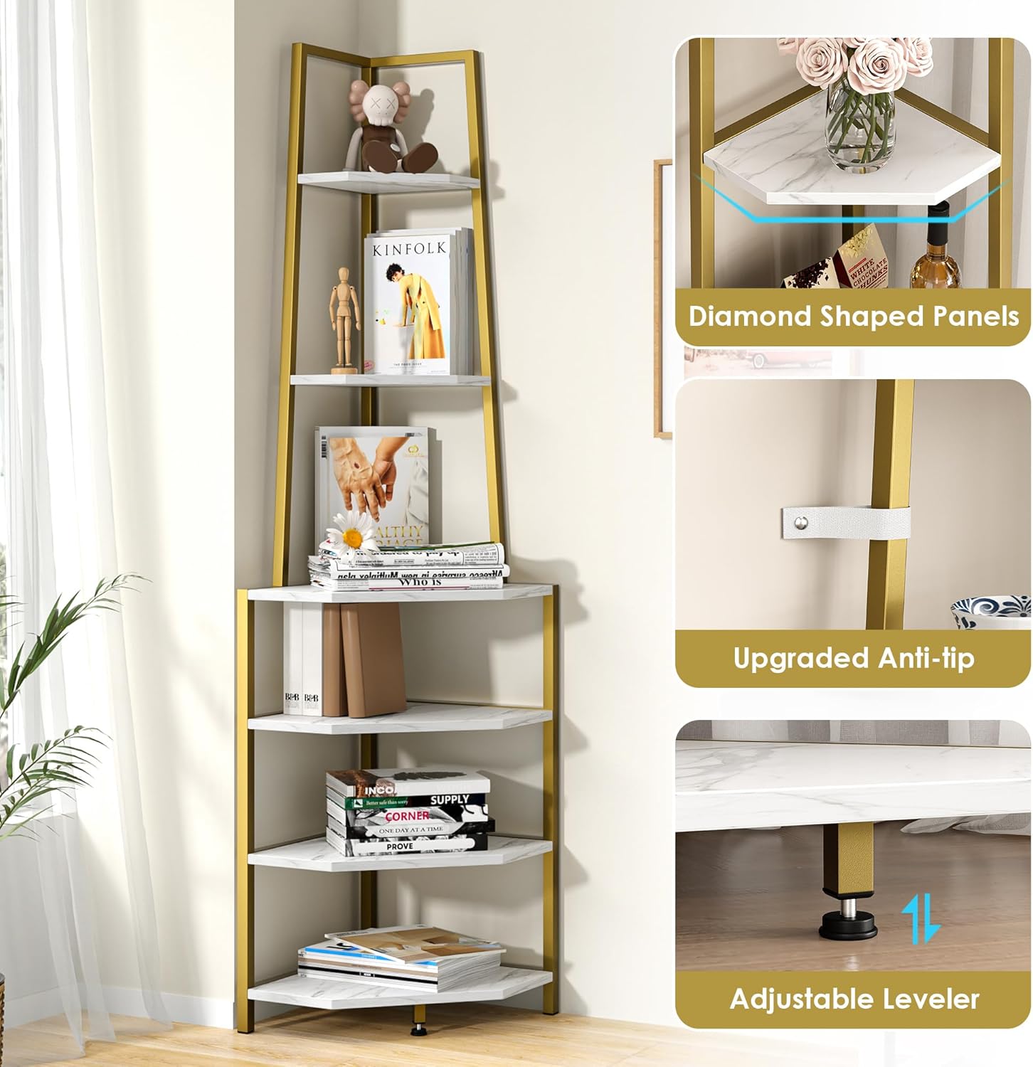 VECELO 6 Tier Corner Shelf with Metal Frame