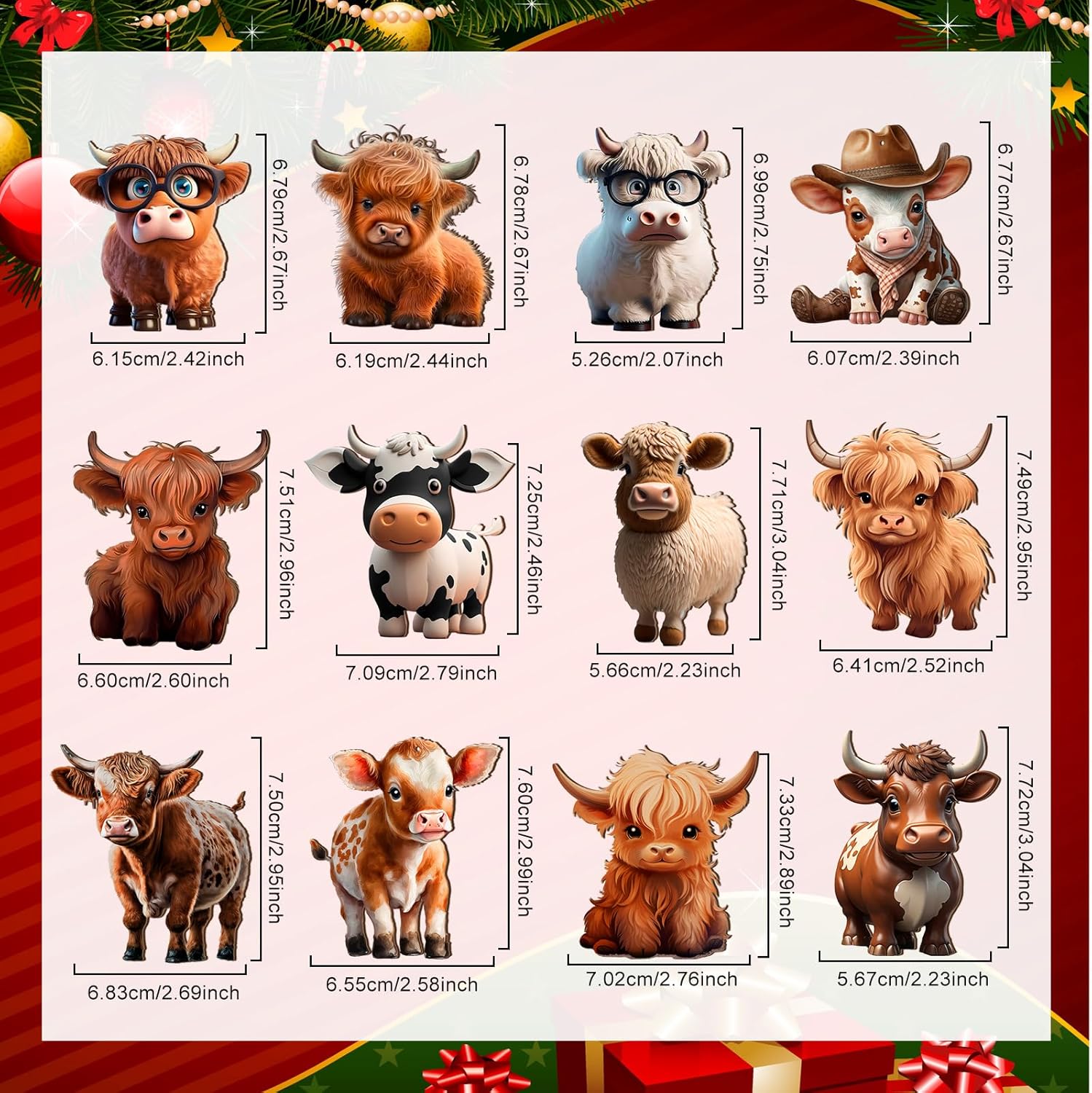 Wenqik 36 Pcs Wooden Highland Cow Christmas Decorations