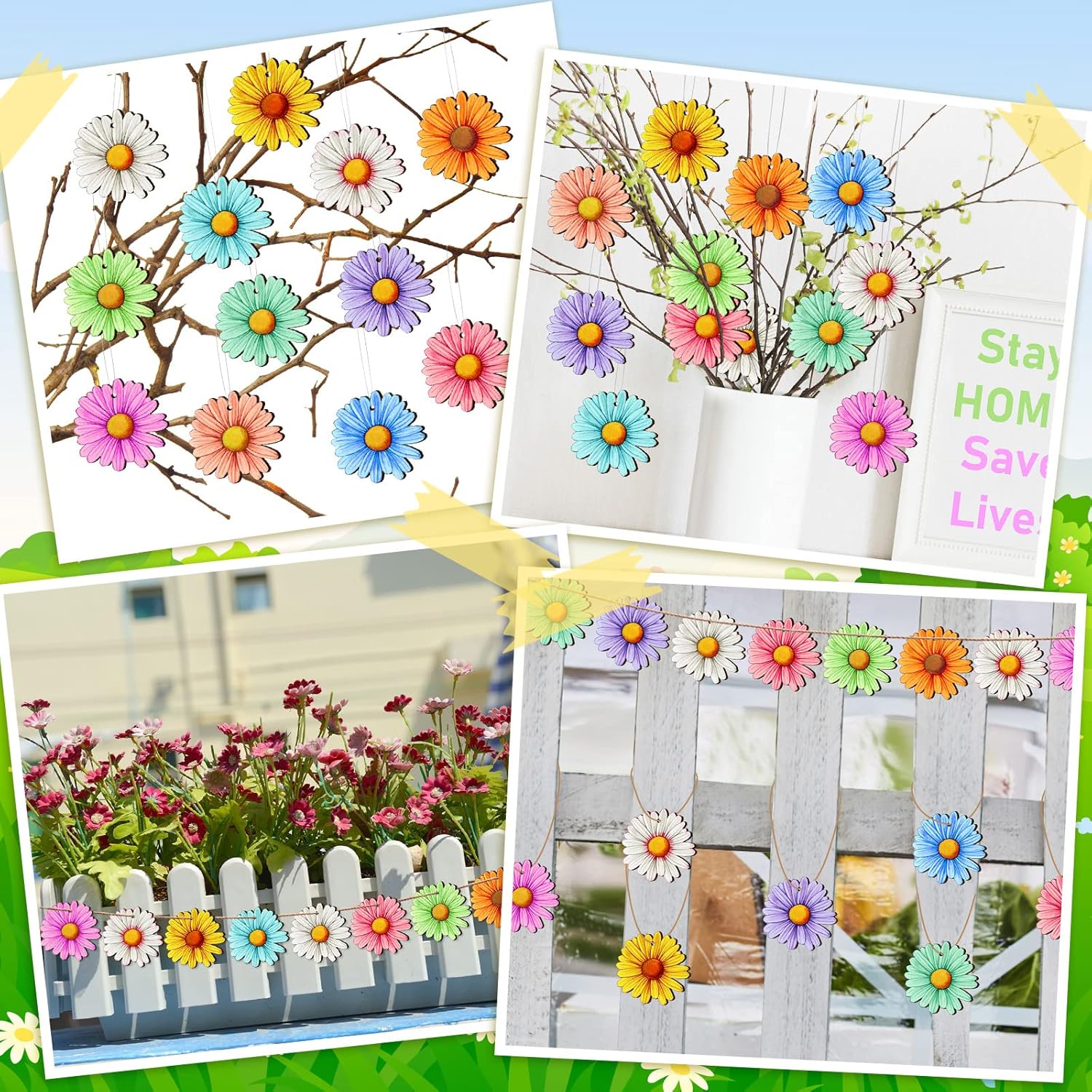 Maitys 36 Pcs Wooden Daisy Hanging Decorations