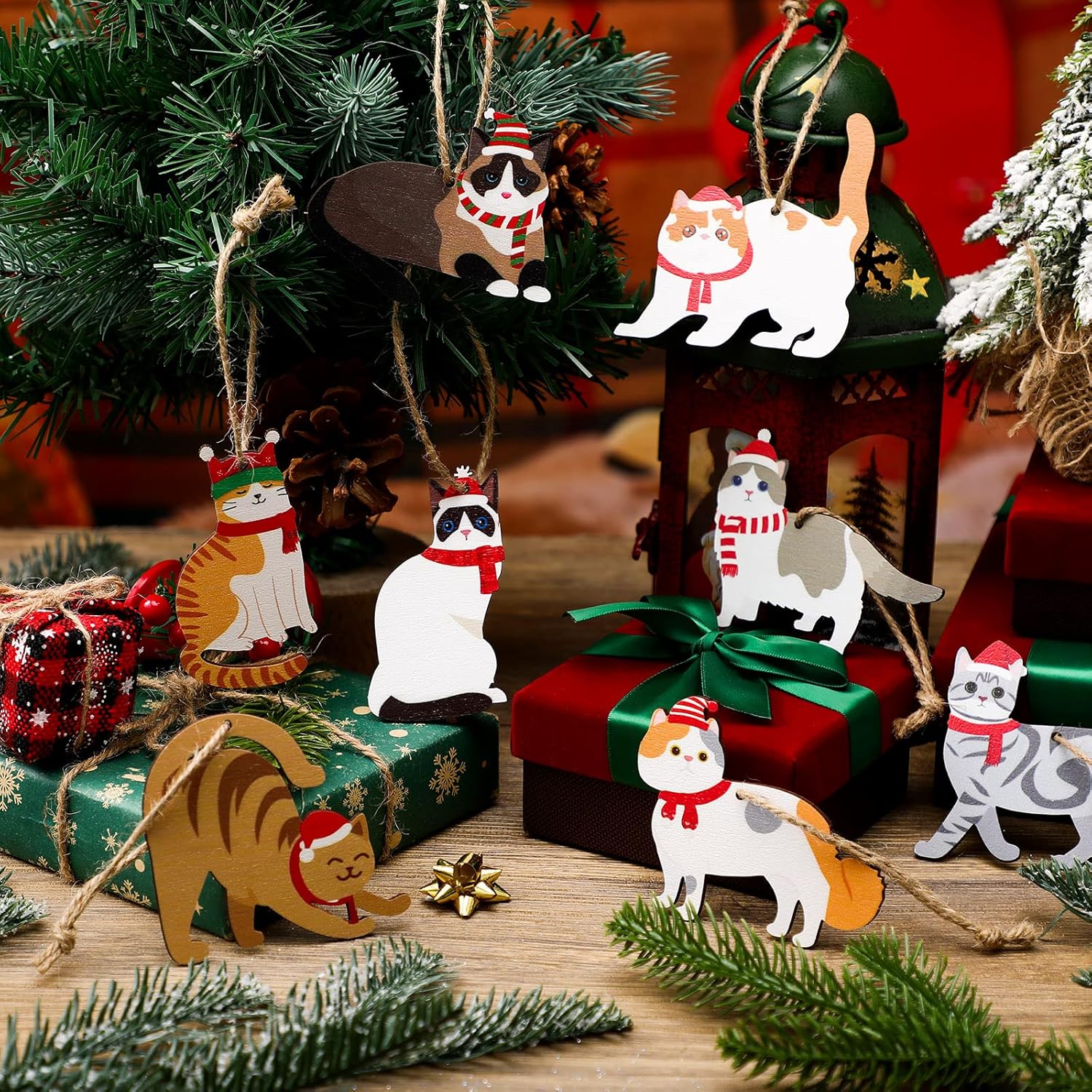Amyhill 24 Pcs Wooden Cat Christmas Ornaments
