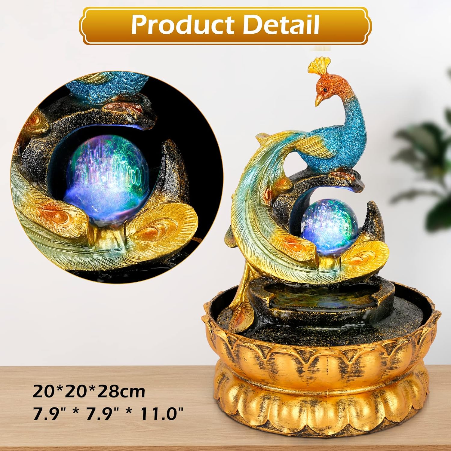 Indoor Fountain with Illuminated Rolling Ball and Peacock Design