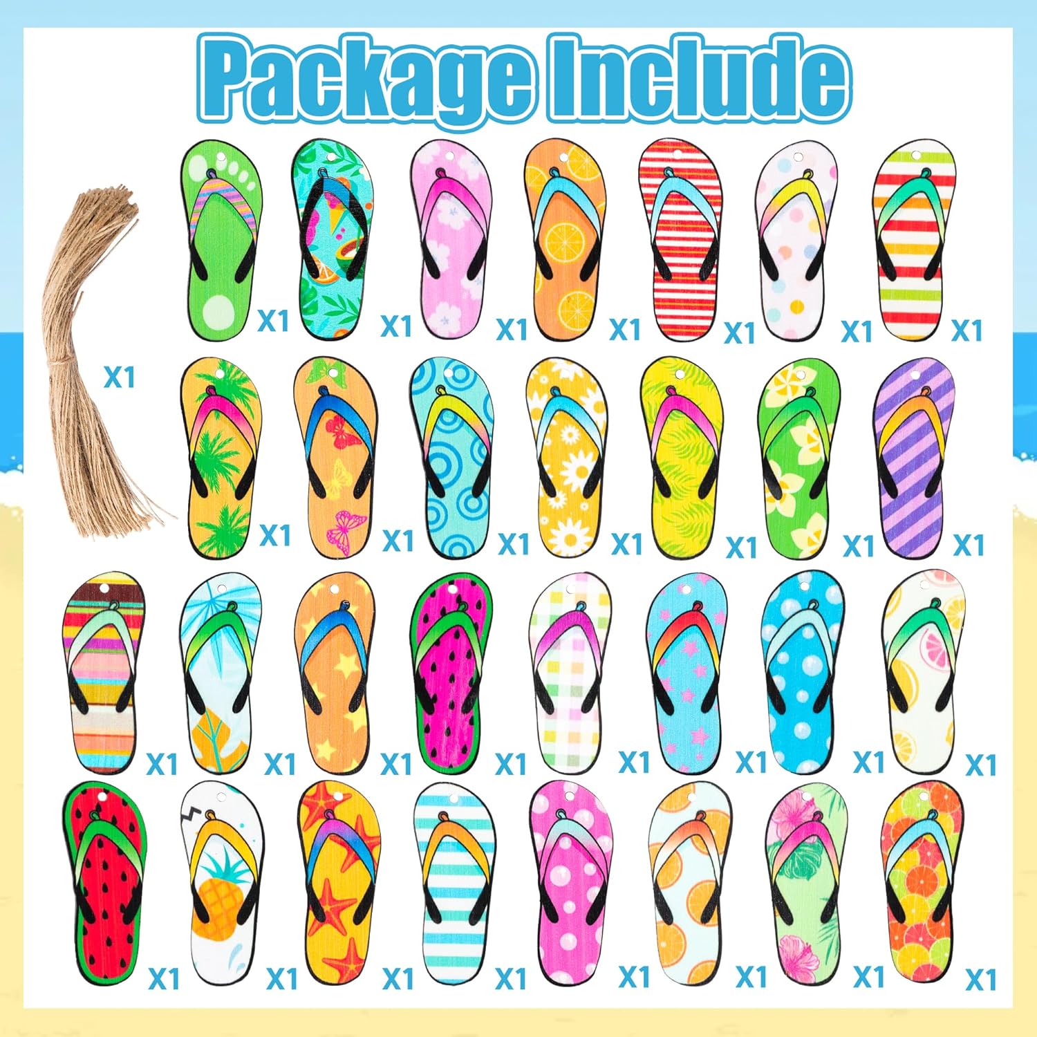 Summer Flip Flop Wood Hanging Decorations 31Pcs