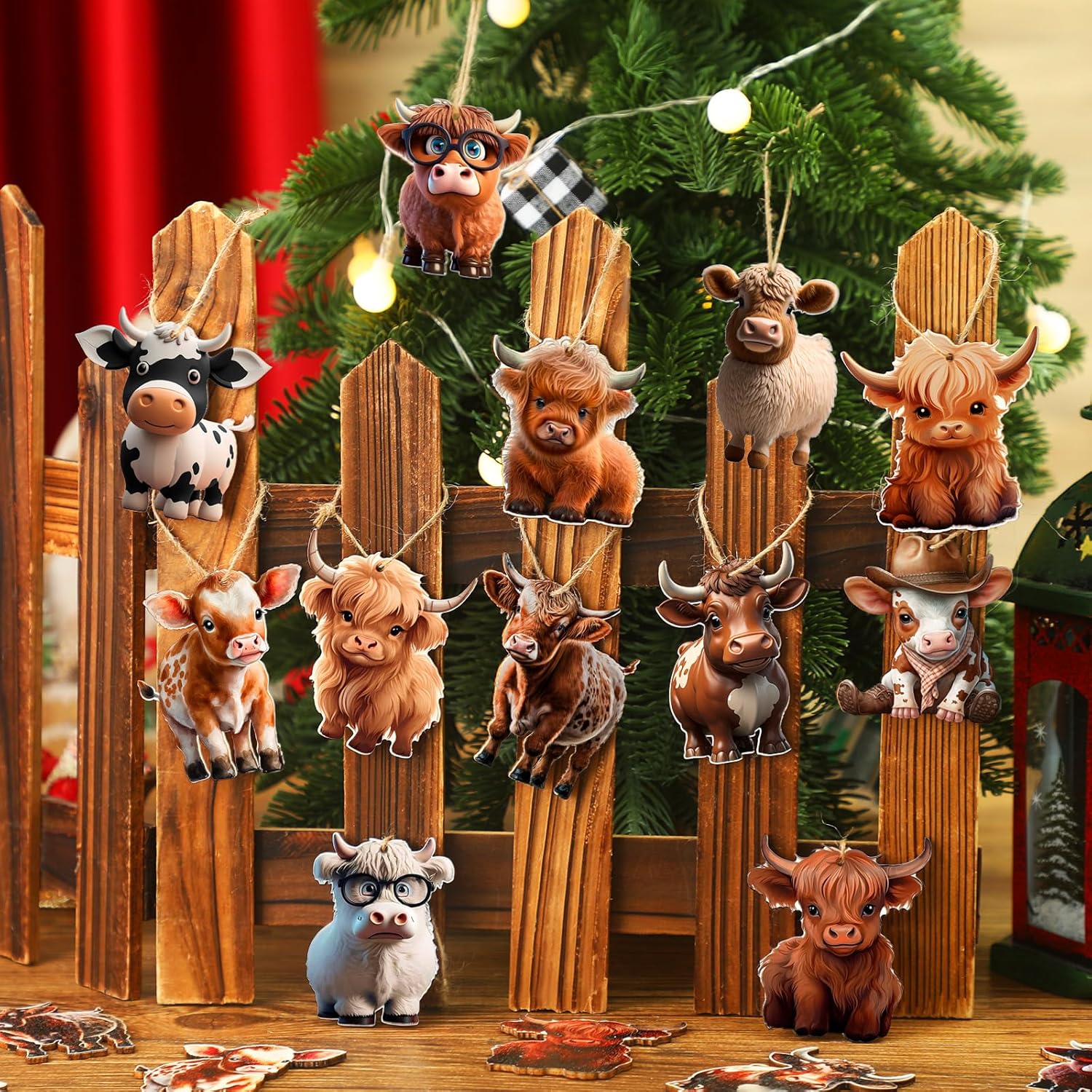 Wenqik 36 Pcs Wooden Highland Cow Christmas Decorations