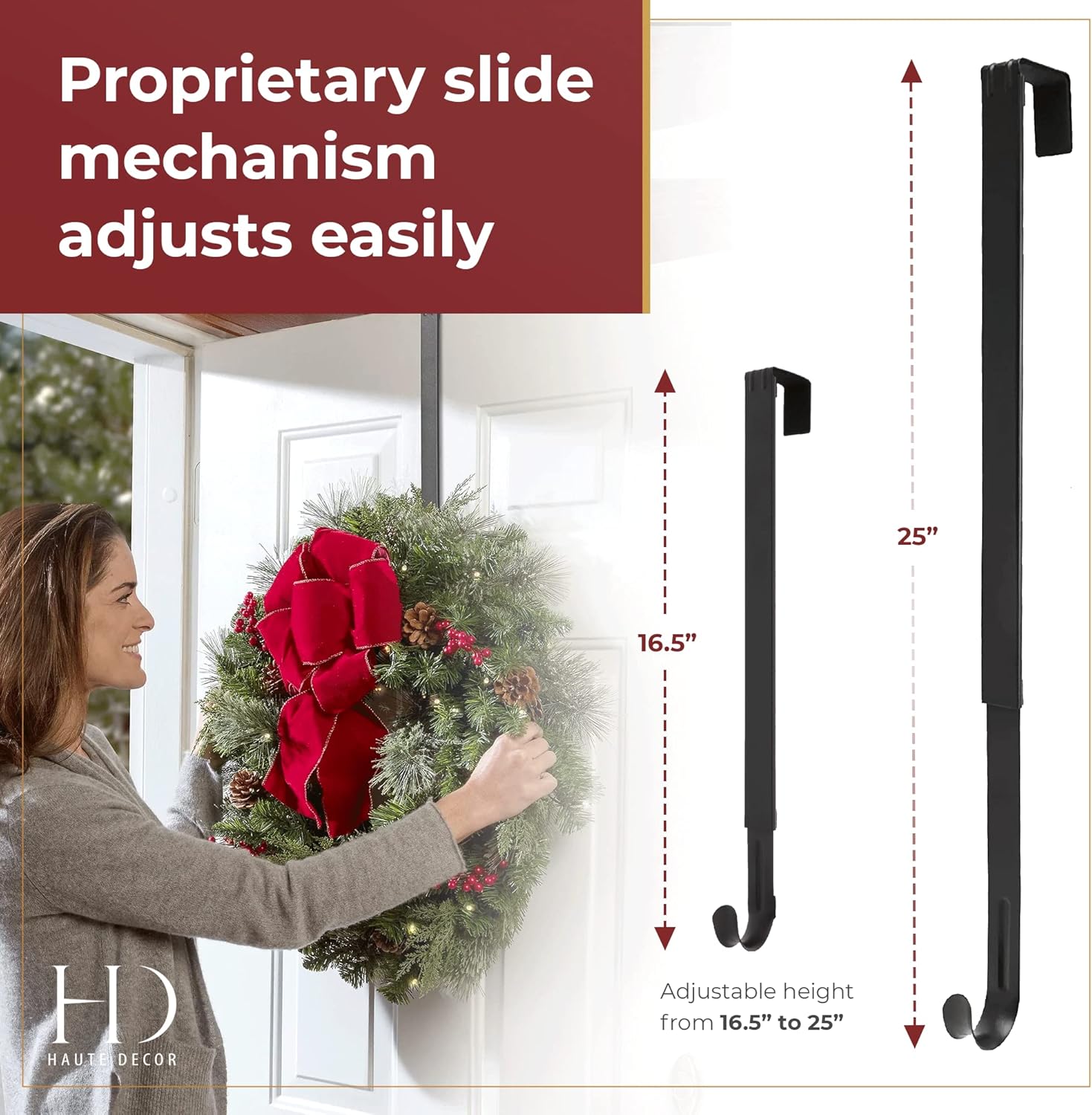 Haute Decor 2-Pack Adjustable Wreath Hanger Hook - Matte Black