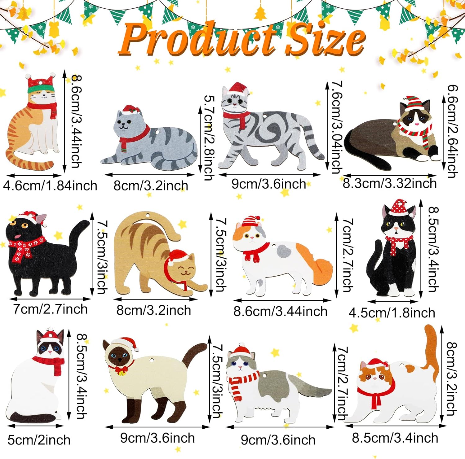 Amyhill 24 Pcs Wooden Cat Christmas Ornaments