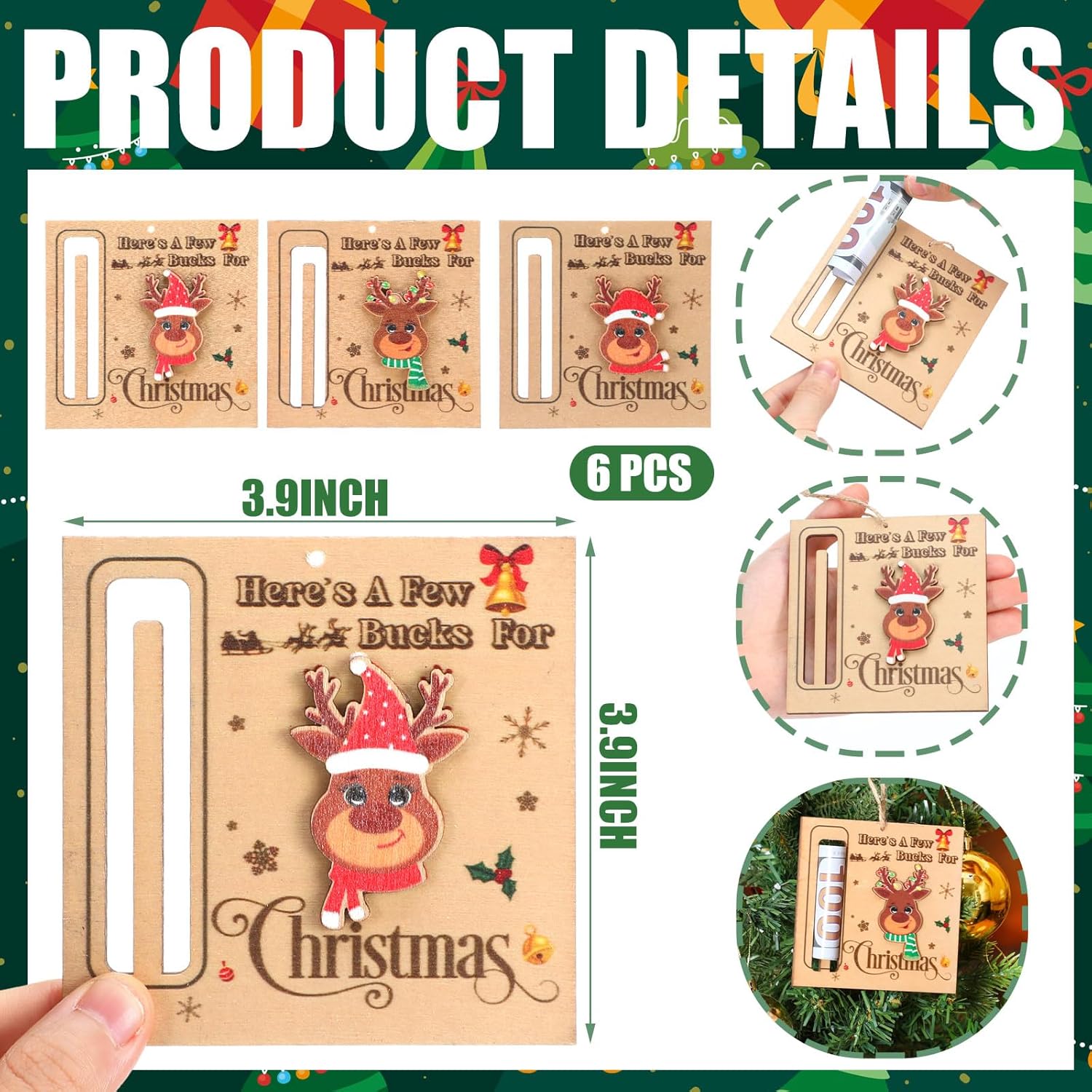 6 Pcs Wooden Christmas Money Holders for Party Favors