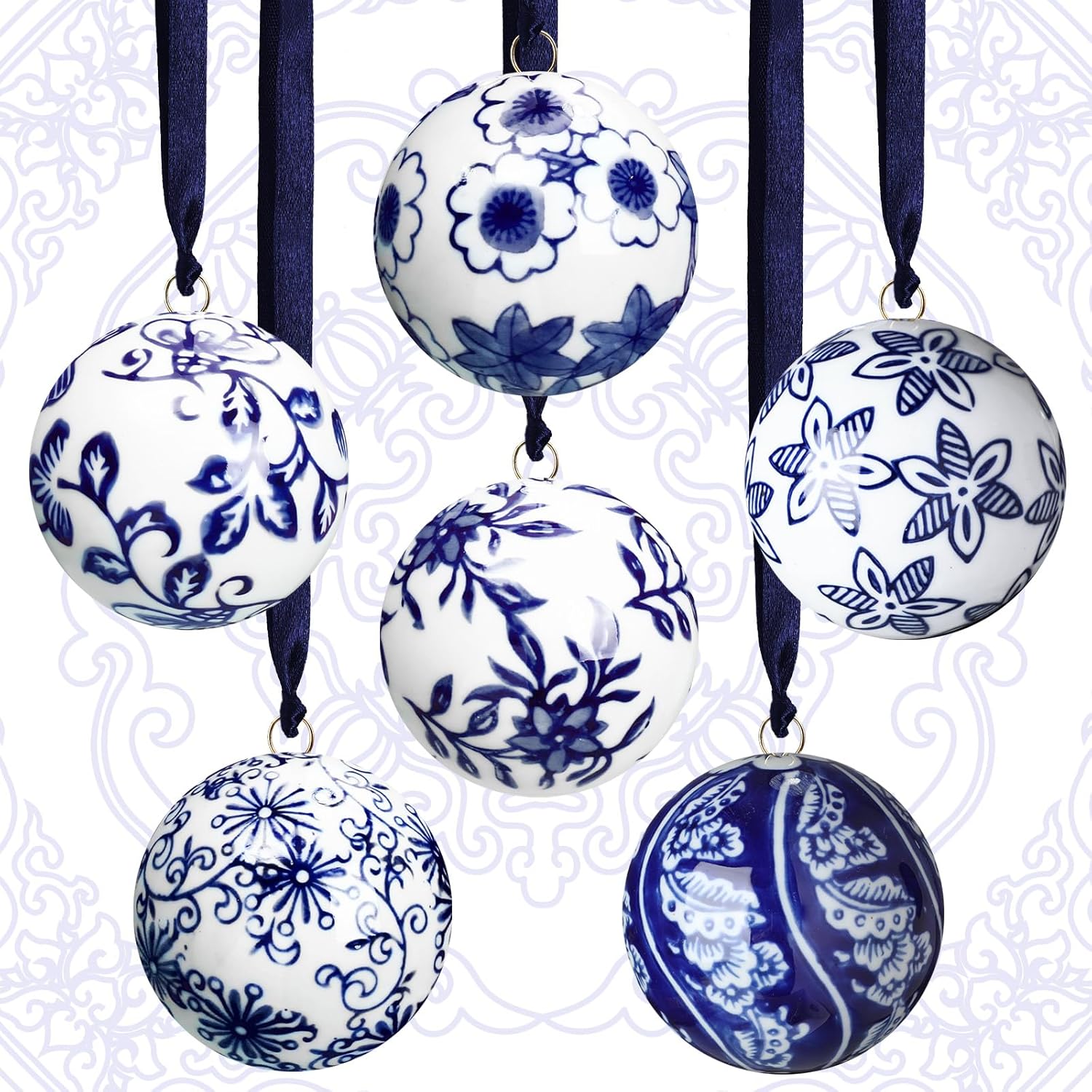 Cindeer 6 Pcs Blue and White Porcelain Christmas Balls