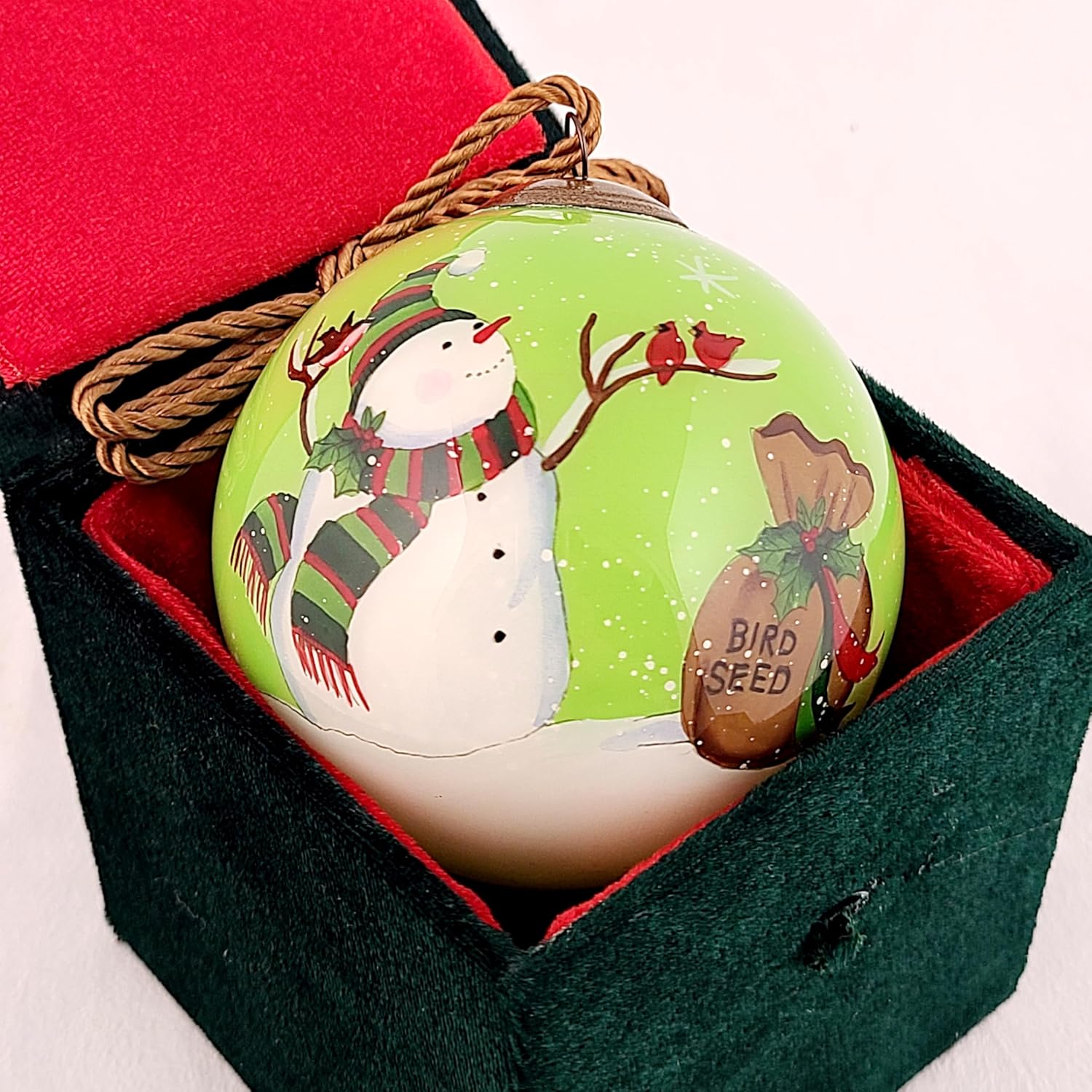 Intricate Inside-Painted Snowman Feeding Birds Glass Ornament