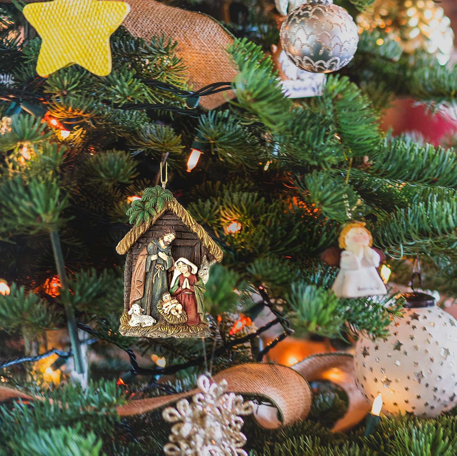 Dicksons Natural Brown Wood Look Holy Family Nativity Resin Hanging Ornament
