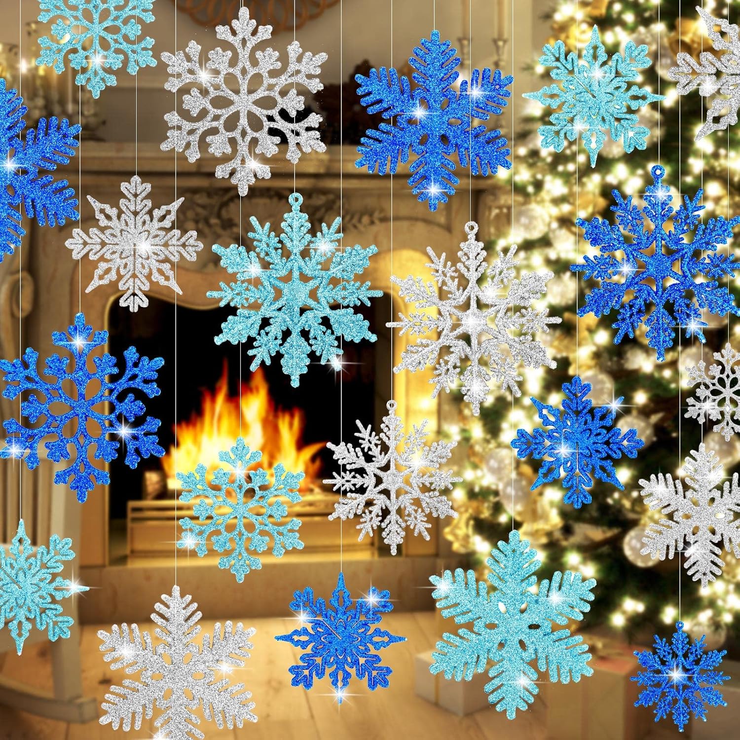 Whaline 48Pcs Glitter Snowflake Hanging Christmas Decor