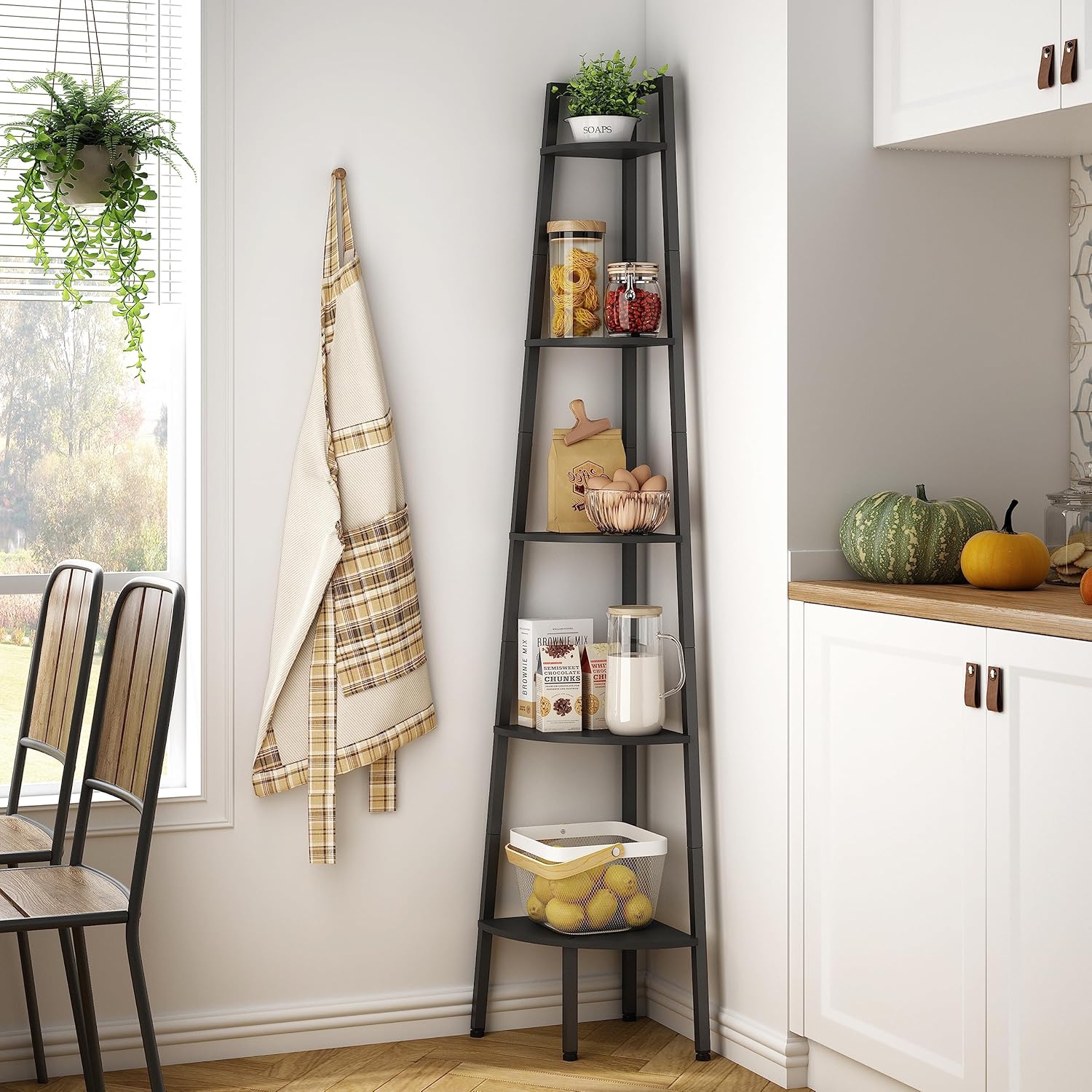 Hoctieon 5-Tier Corner Bookshelf Black Metal Frame