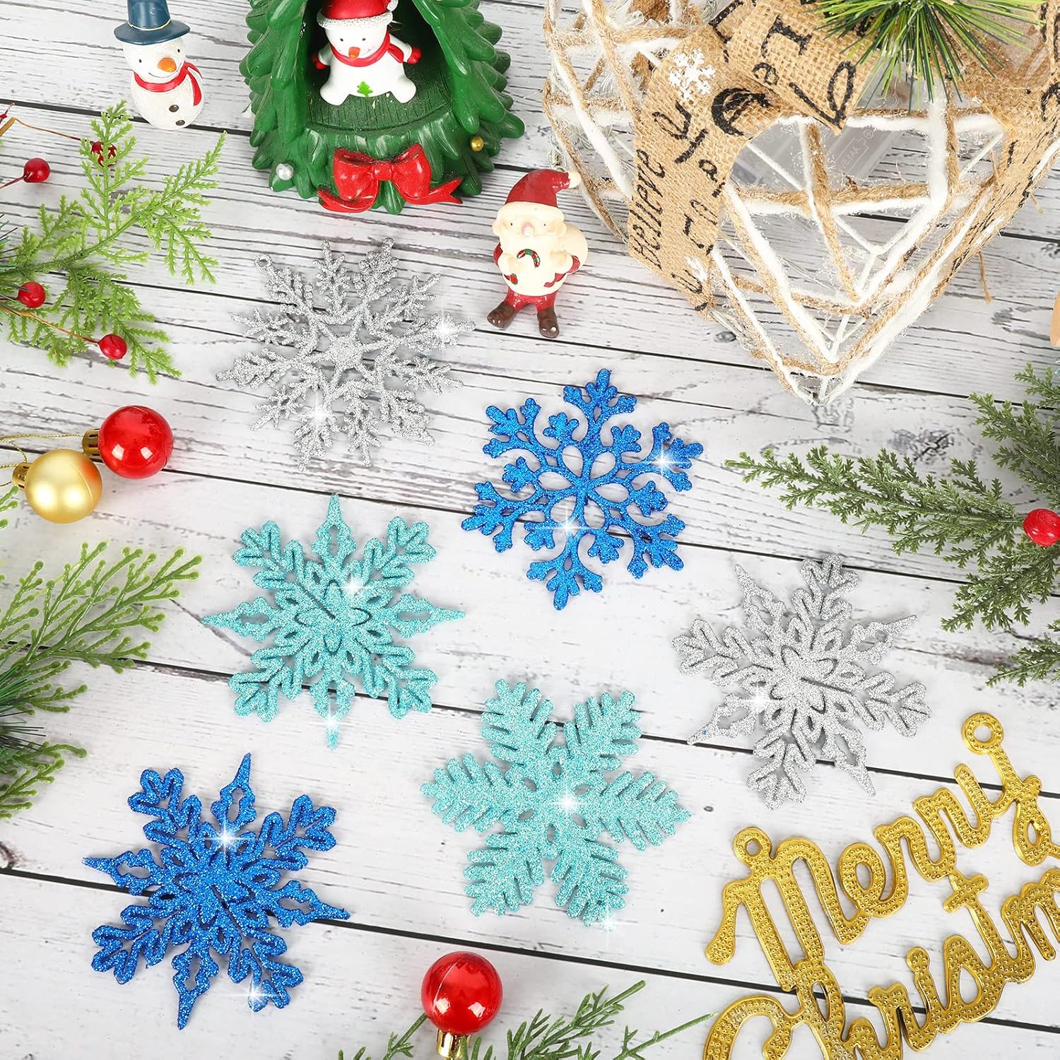 Whaline 48Pcs Glitter Snowflake Hanging Christmas Decor