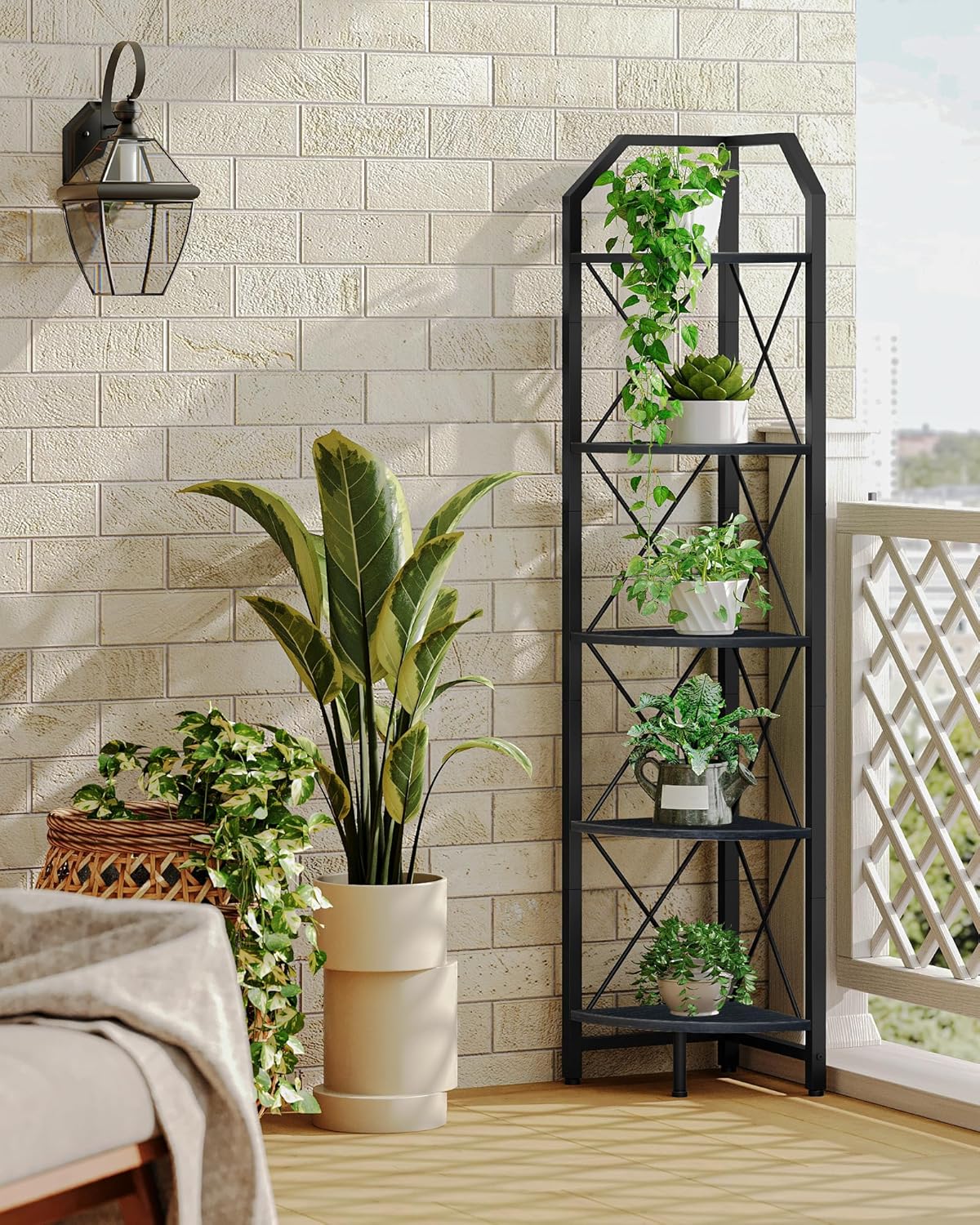 5-Tier Corner Shelf with Metal Frame Black