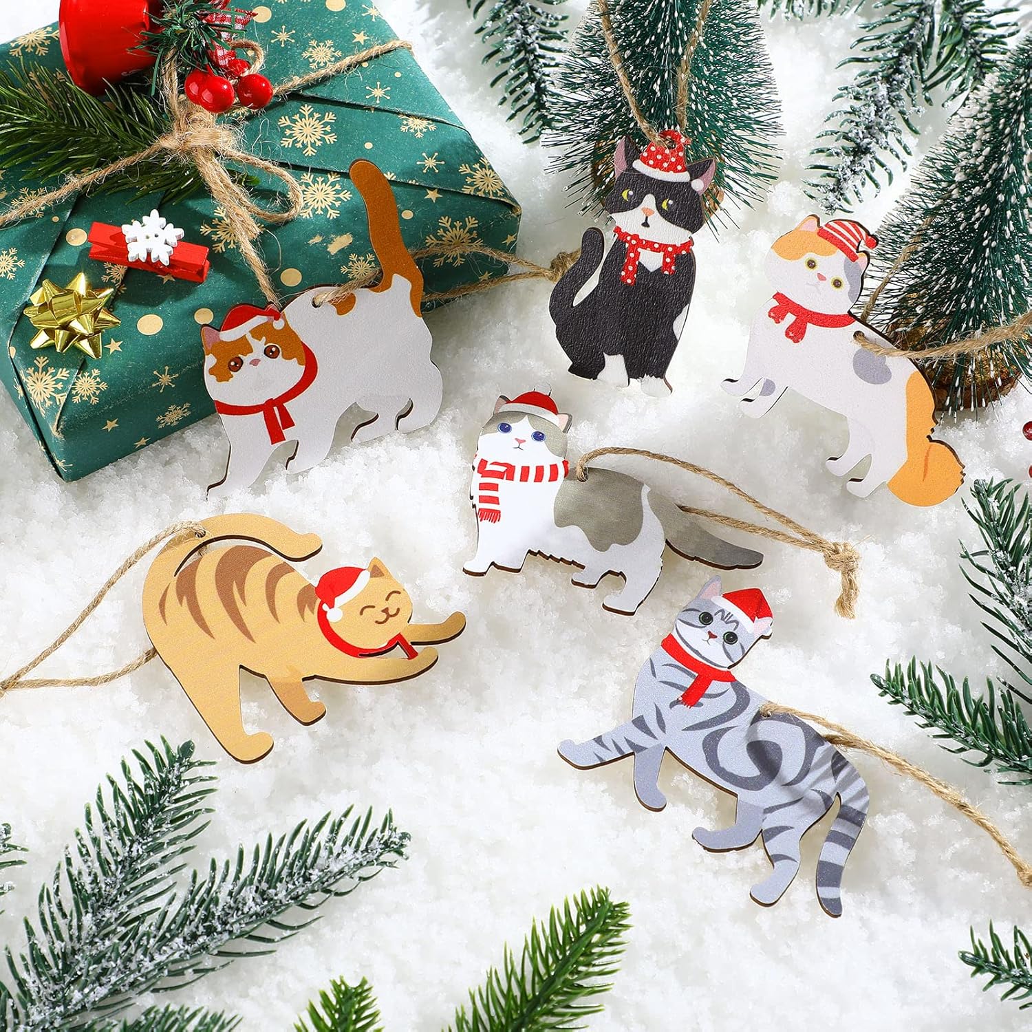 Amyhill 24 Pcs Wooden Cat Christmas Ornaments